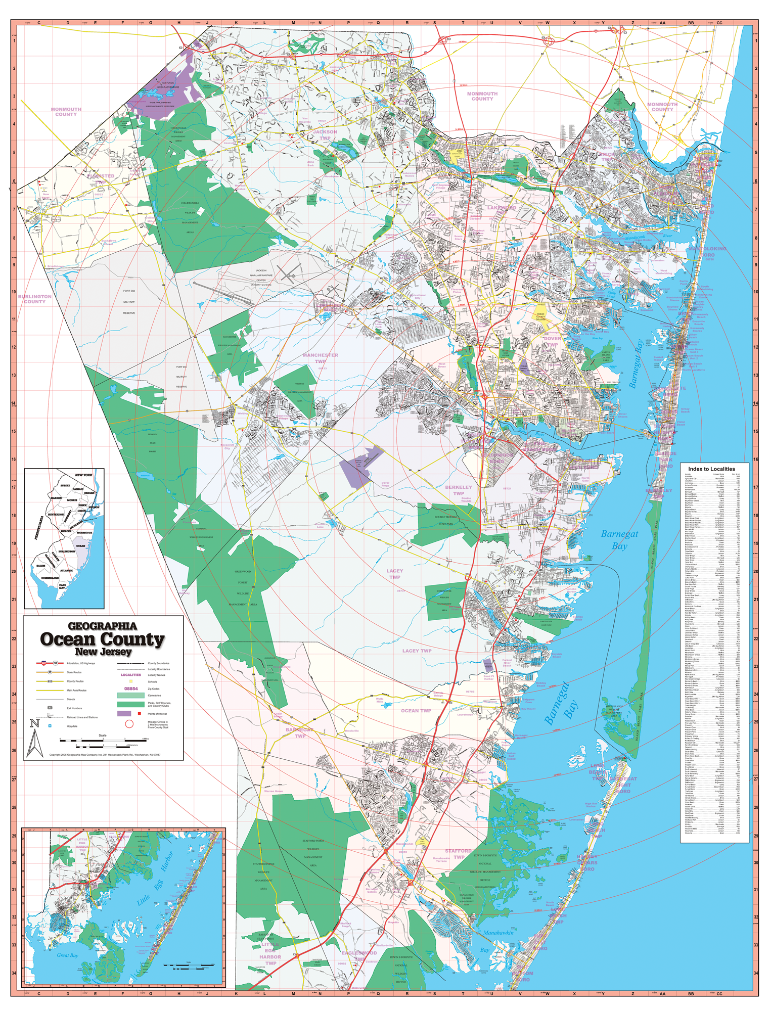 Ocean County, Nj Wall Map - Large Laminated