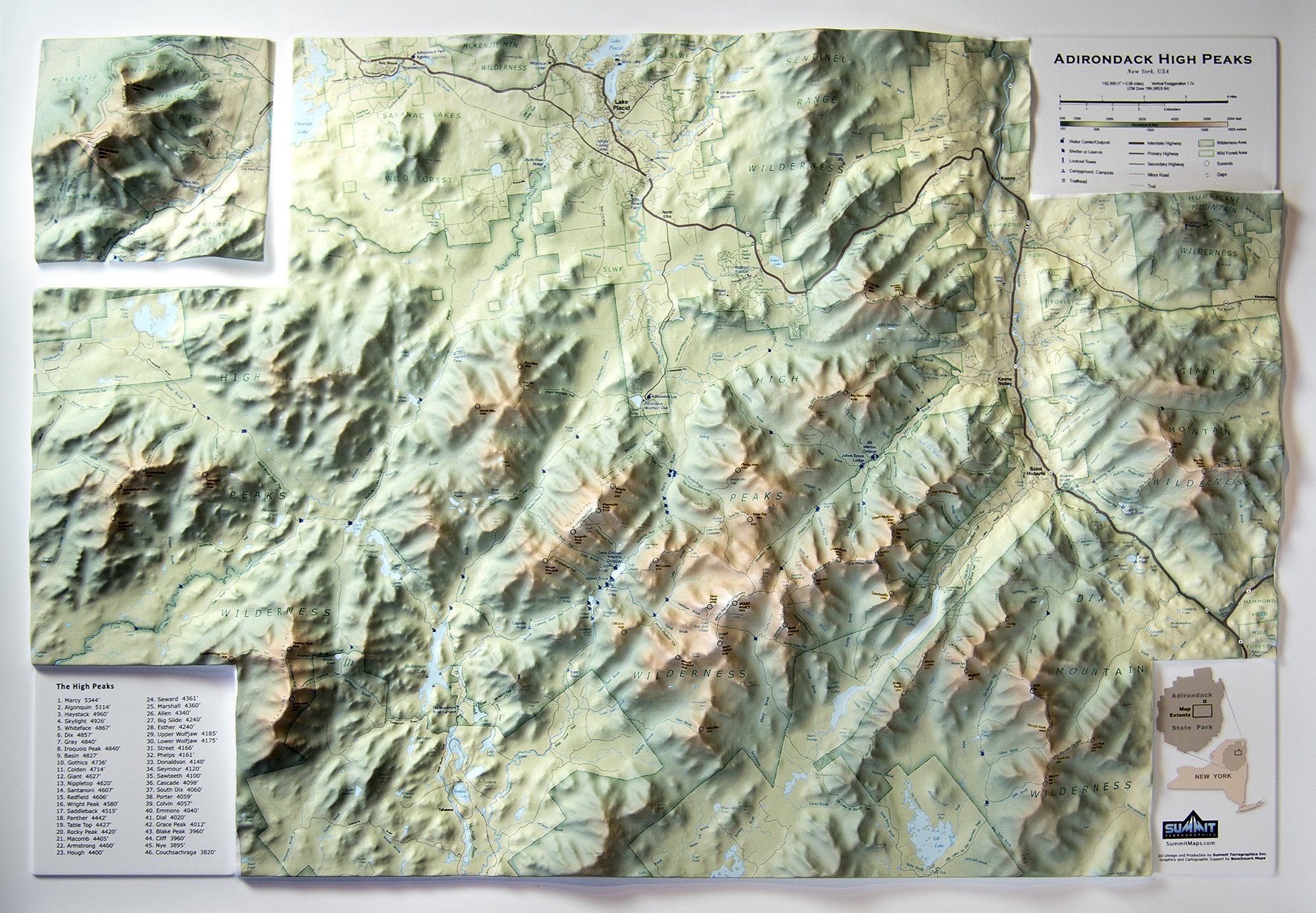 Adirondack High Peaks Three Dimensional 3D Raised Relief Map