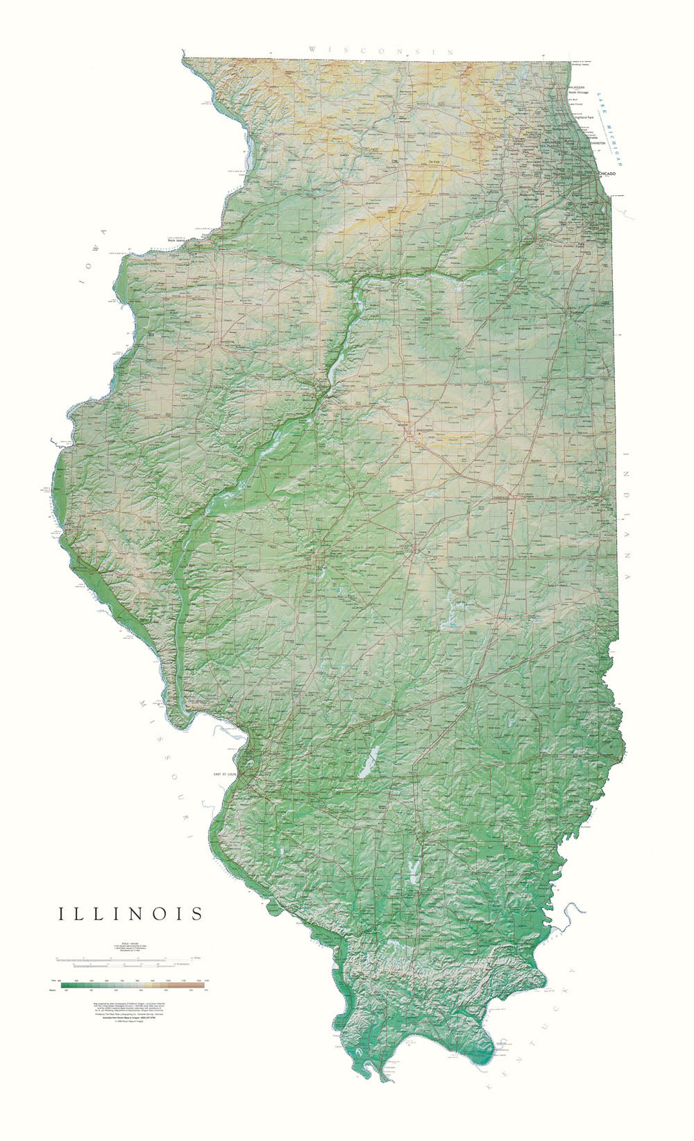 Illinois Topographical Wall Map By Raven Maps, 55" X 33"