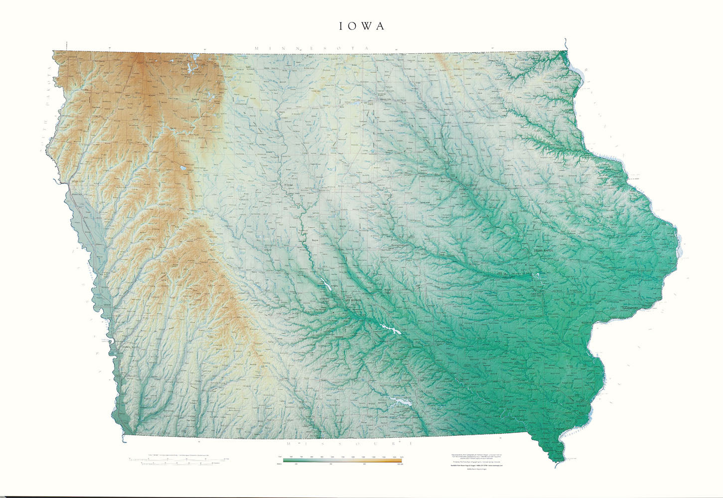 Iowa Topographical Wall Map By Raven Maps, 34" X 49"