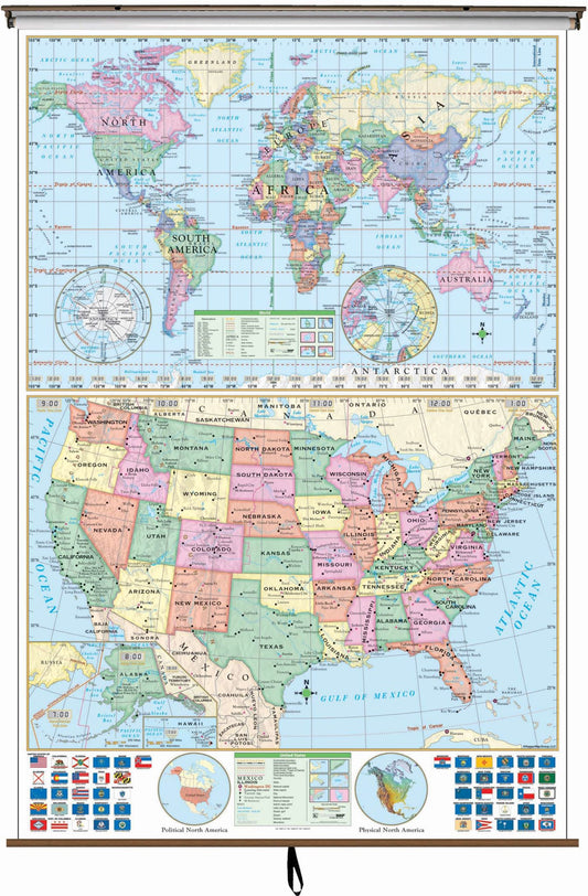 US/World Stacked Pull Down Classroom Wall Maps for Schools GeoMart