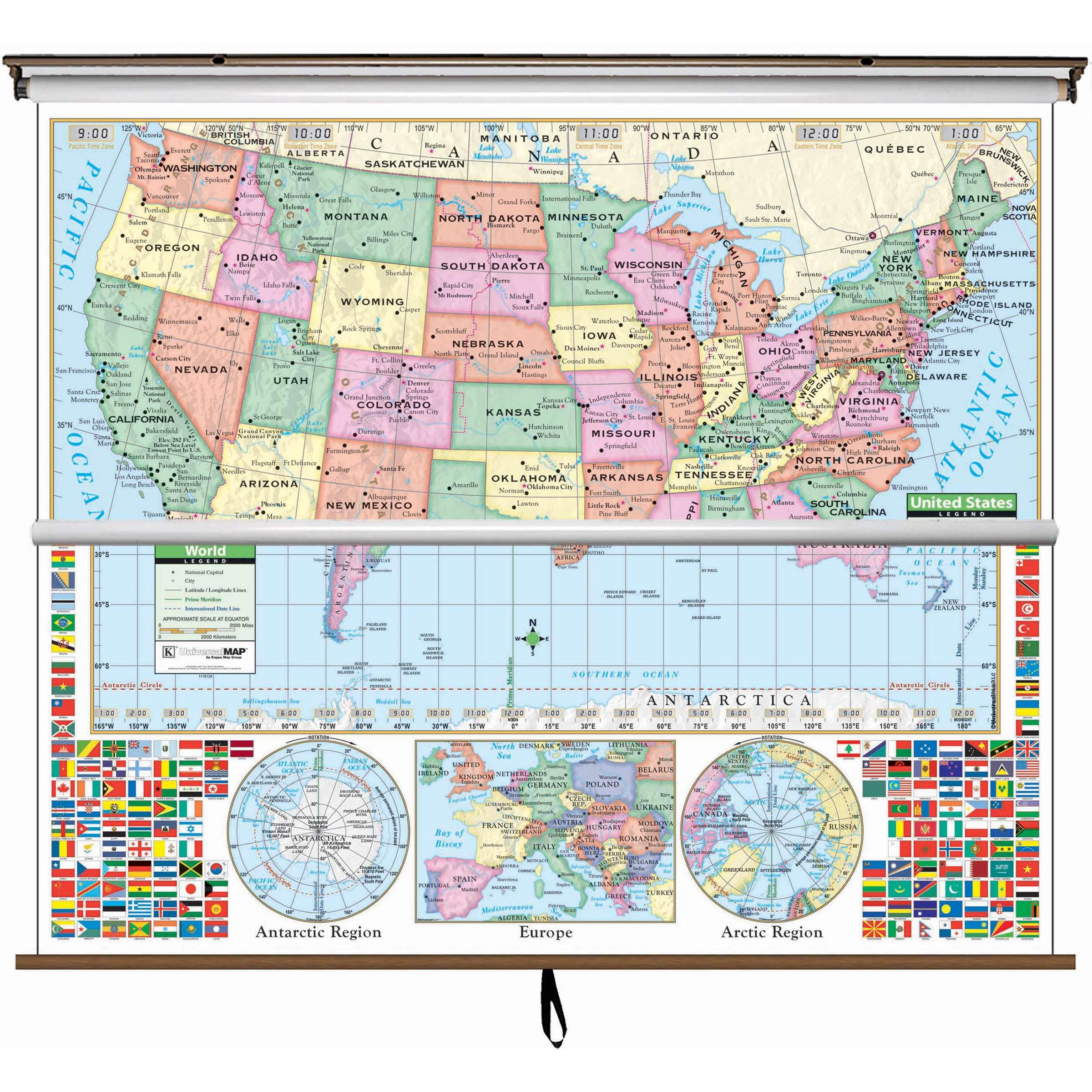 US/World Primary Combo Classroom Pull Down Wall Map