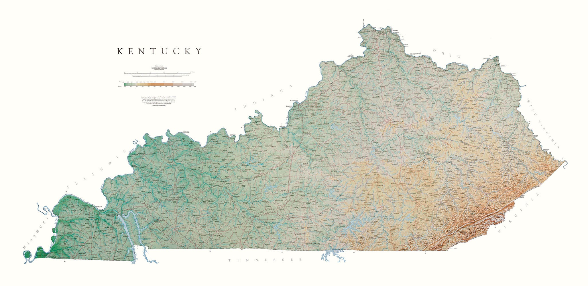 Kentucky Topographical Wall Map By Raven Maps, 29" X 58"