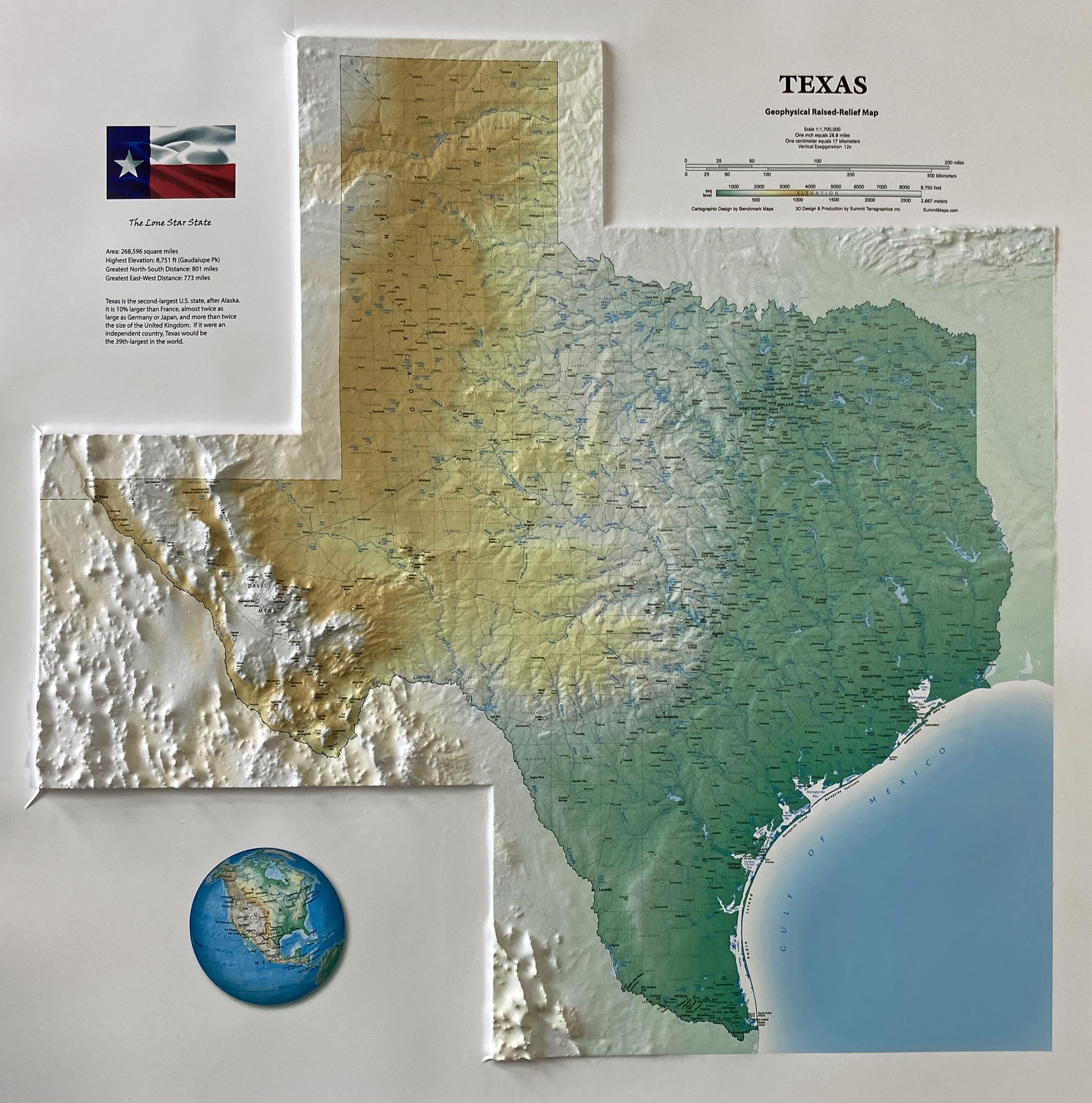 Texas State Three Dimensional 3D Raised Relief Map