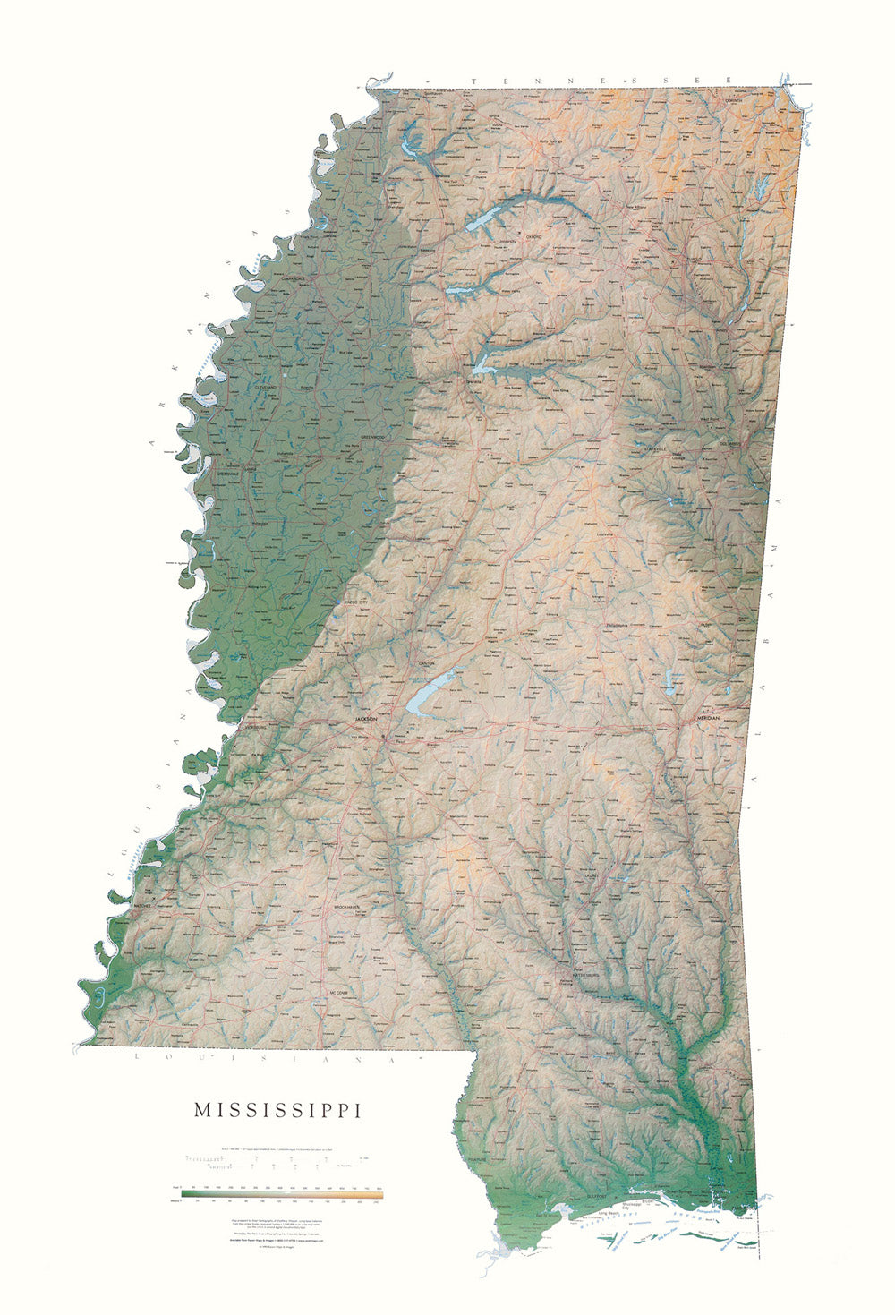Mississippi Topographical Wall Map By Raven Maps, 48" X 32"