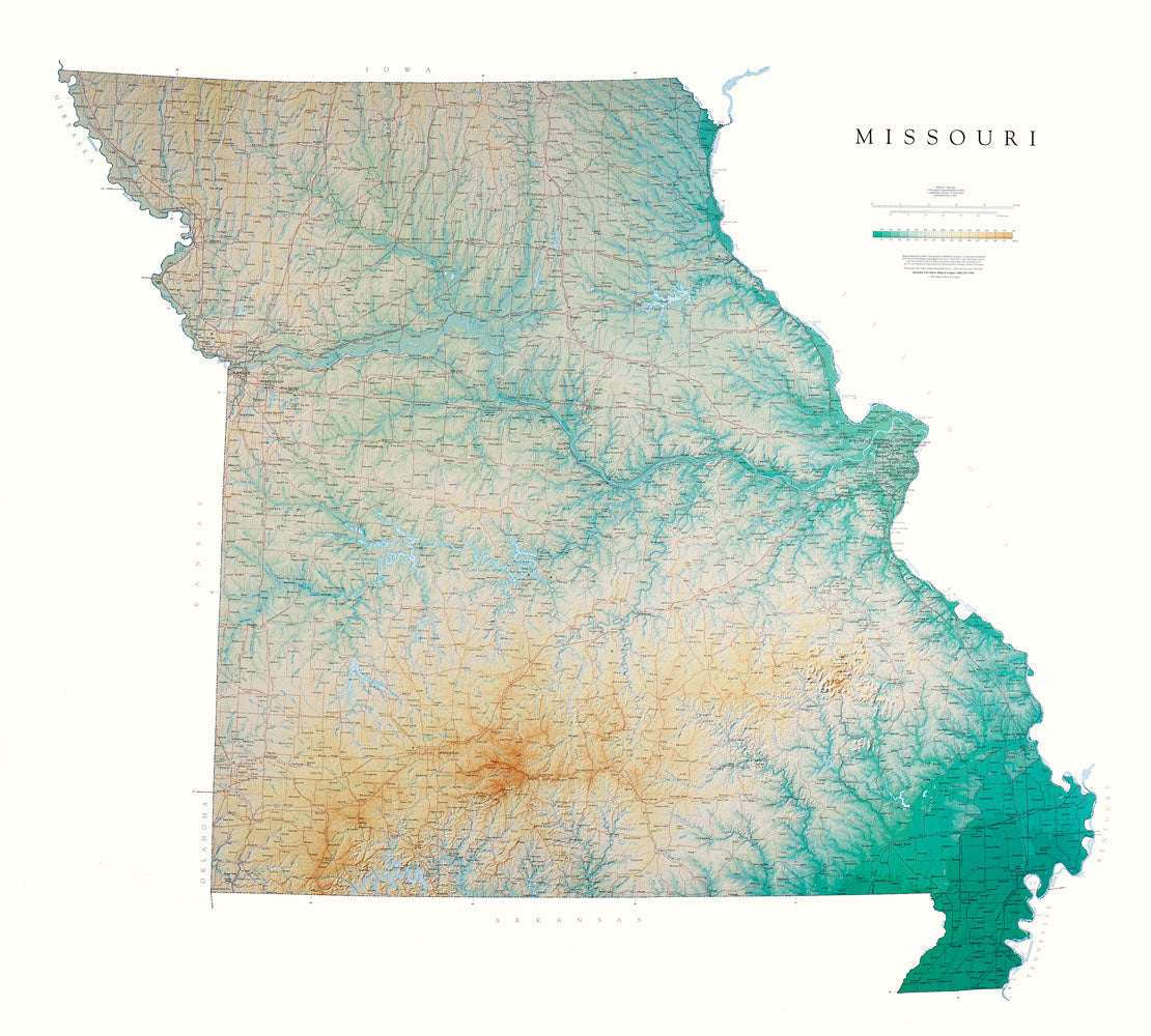 Missouri Topographical Wall Map By Raven Maps, 42" X 46"