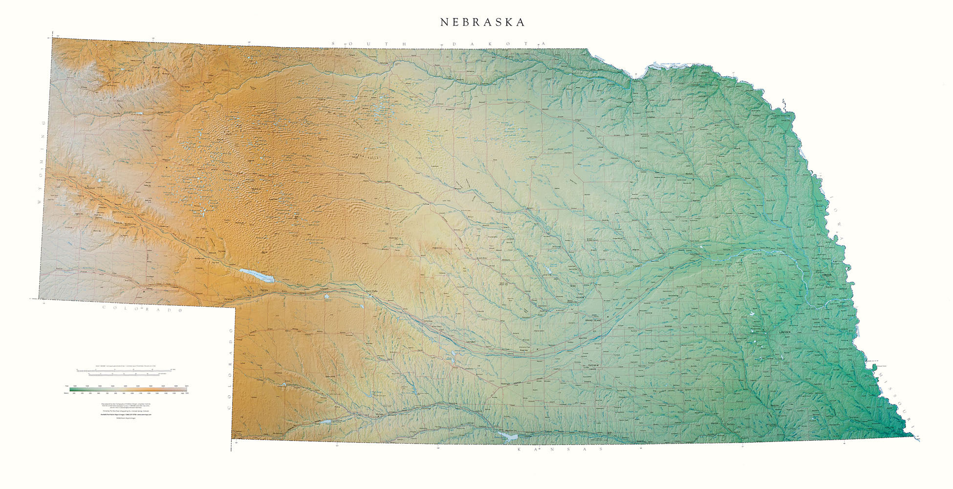 Nebraska Topographical Wall Map By Raven Maps, 33" X 64"