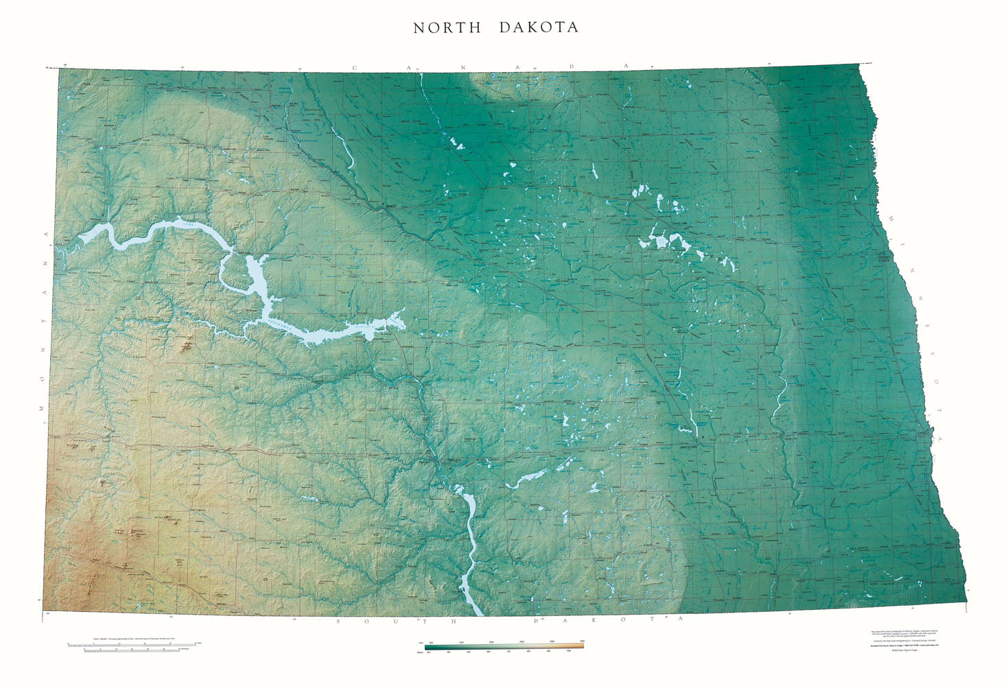 North Dakota Topographical Wall Map By Raven Maps, 35" X 51"