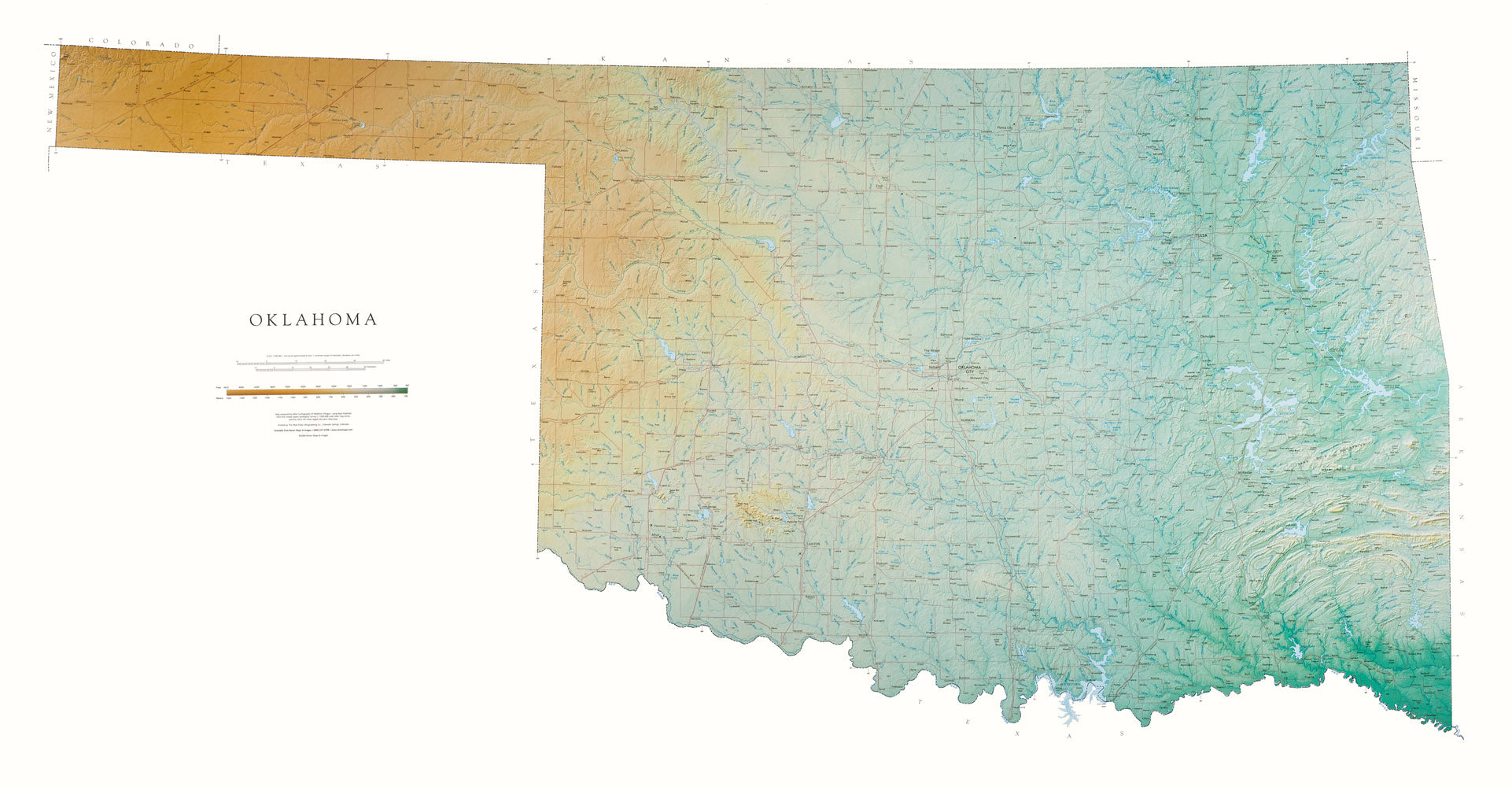 Oklahoma Topographical Wall Map By Raven Maps, 35" X 67"