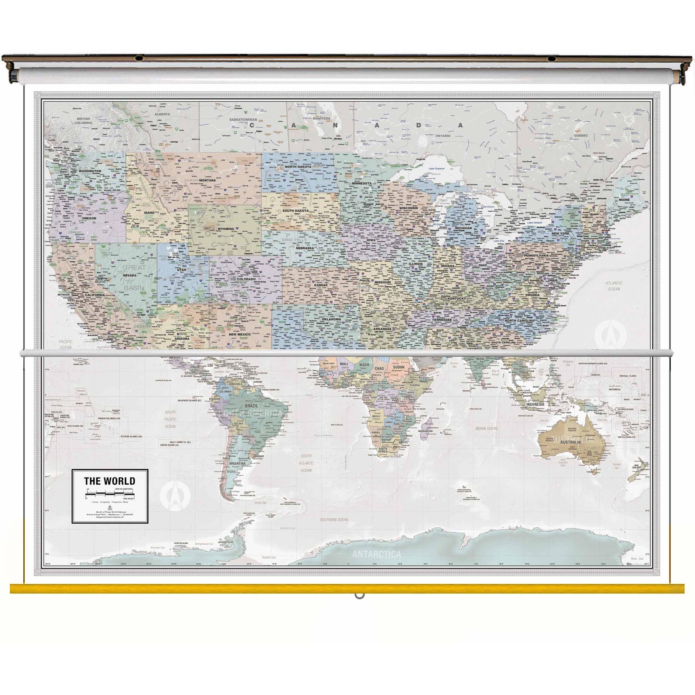 South of King Odyssey US/World Combo Classroom Pull Down Wall Map