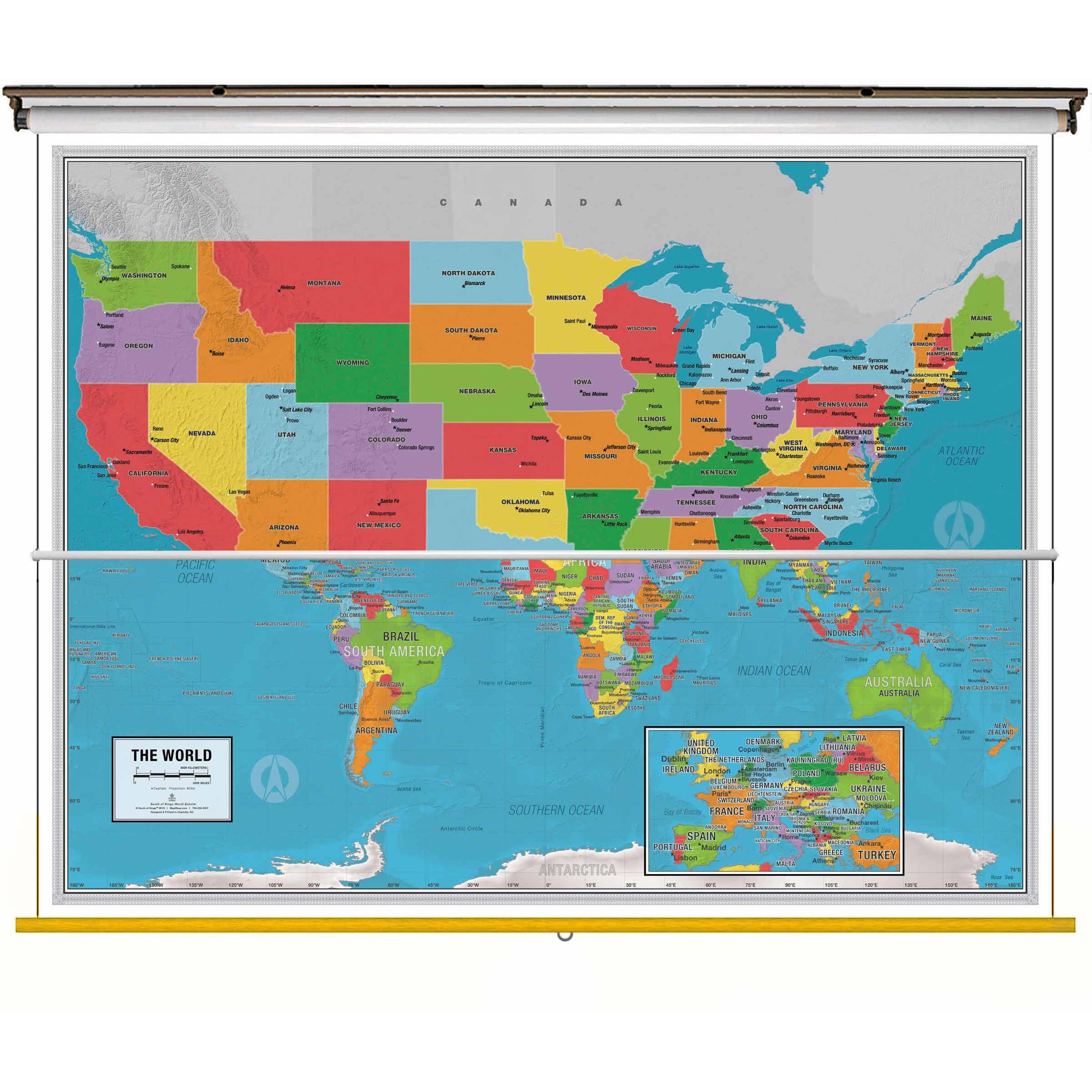 South of King Scholar US/World Combo Classroom Pull Down Wall Map