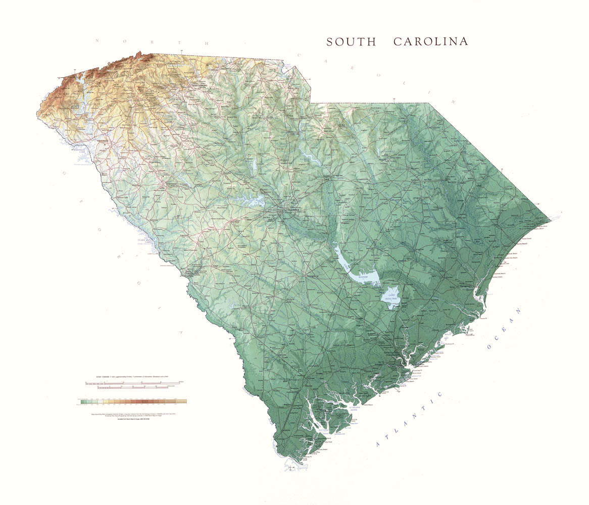 South Carolina Topographical Wall Map By Raven Maps, 35" X 41"