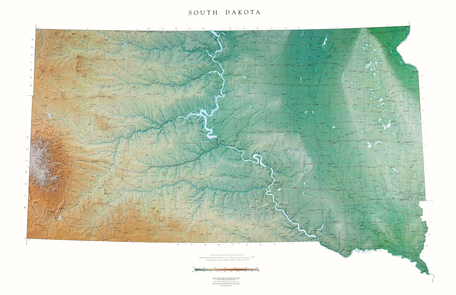 South Dakota Topographical Wall Map By Raven Maps, 37" X 56"