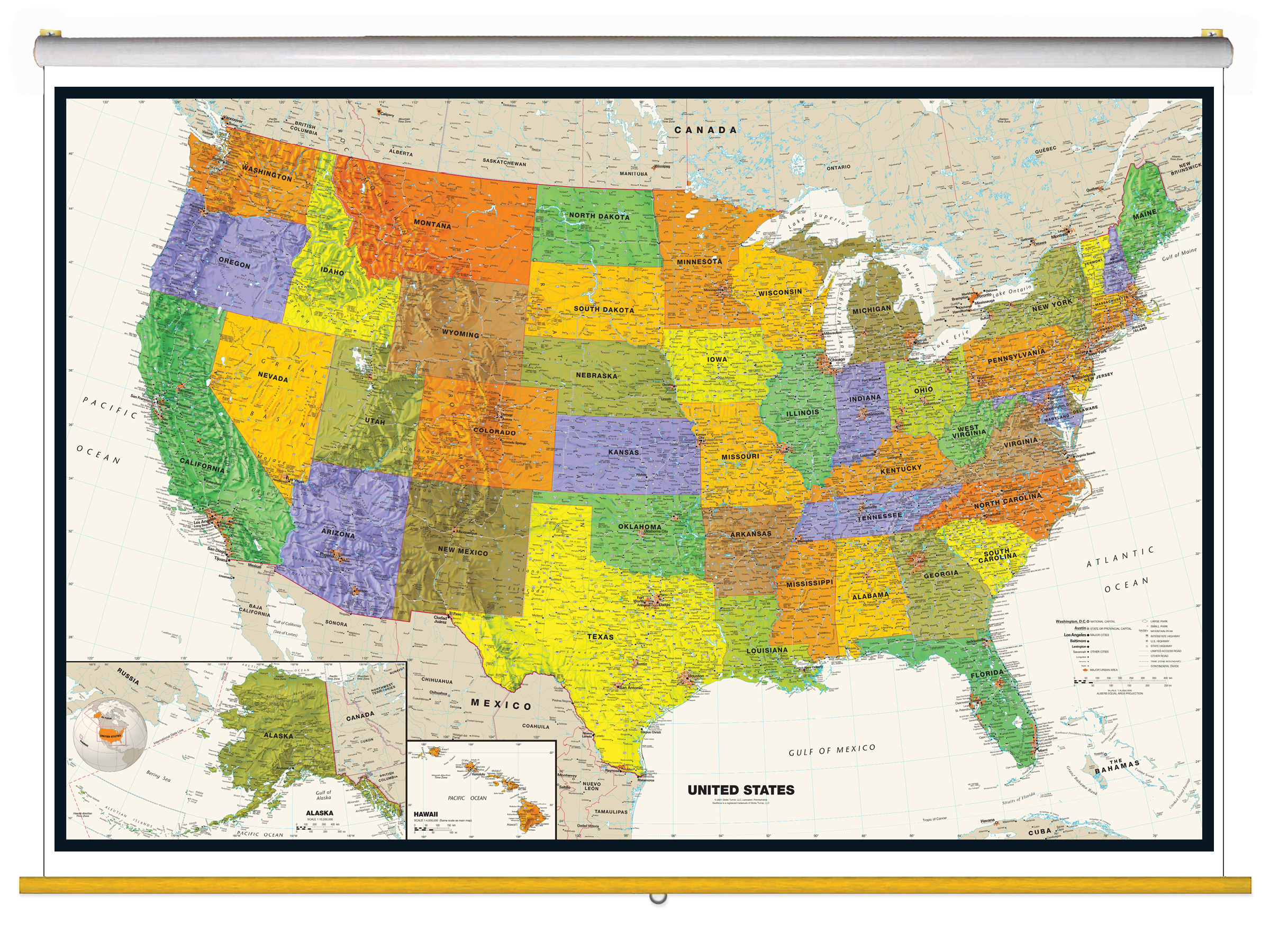 Contemporary United States US Map Classroom Pull Down Map