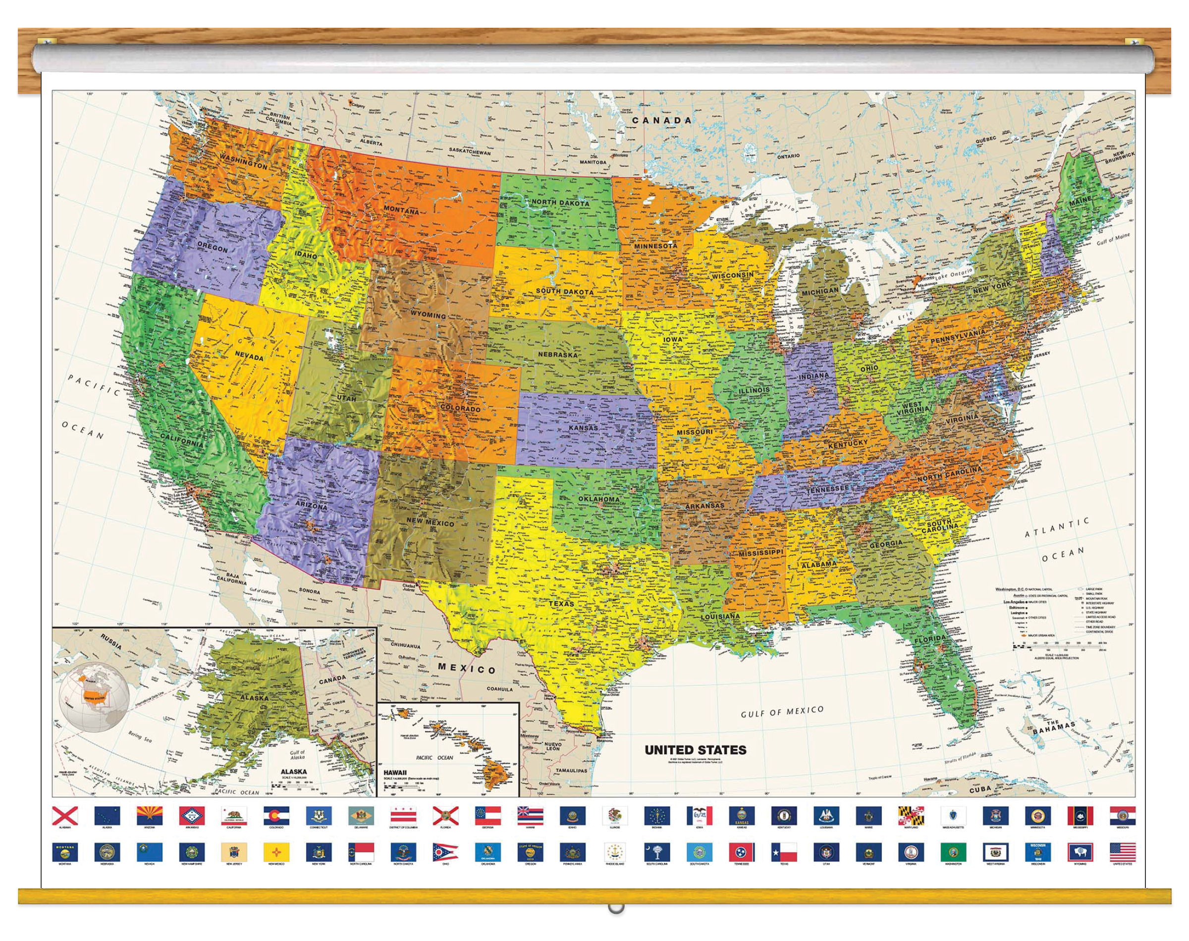 Contemporary US Map with Flags Classroom Pull Down Map