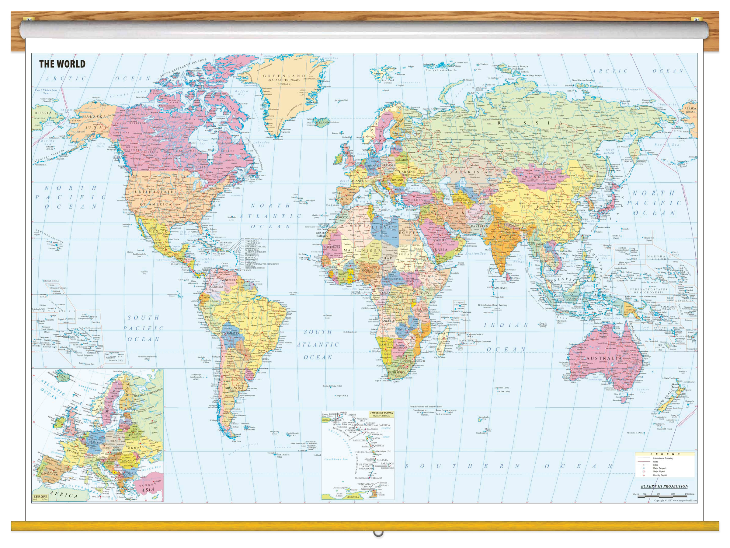 World Political Wall Map with Cities Classroom Pull Down