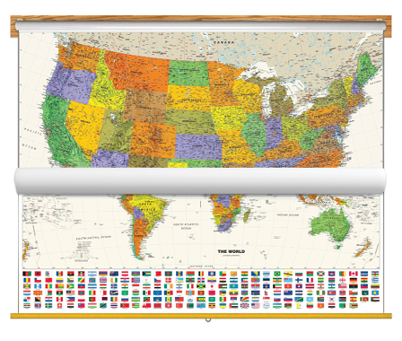 Contemporary US and World Map with Flags Classroom Pull Down 2 Map Bundle