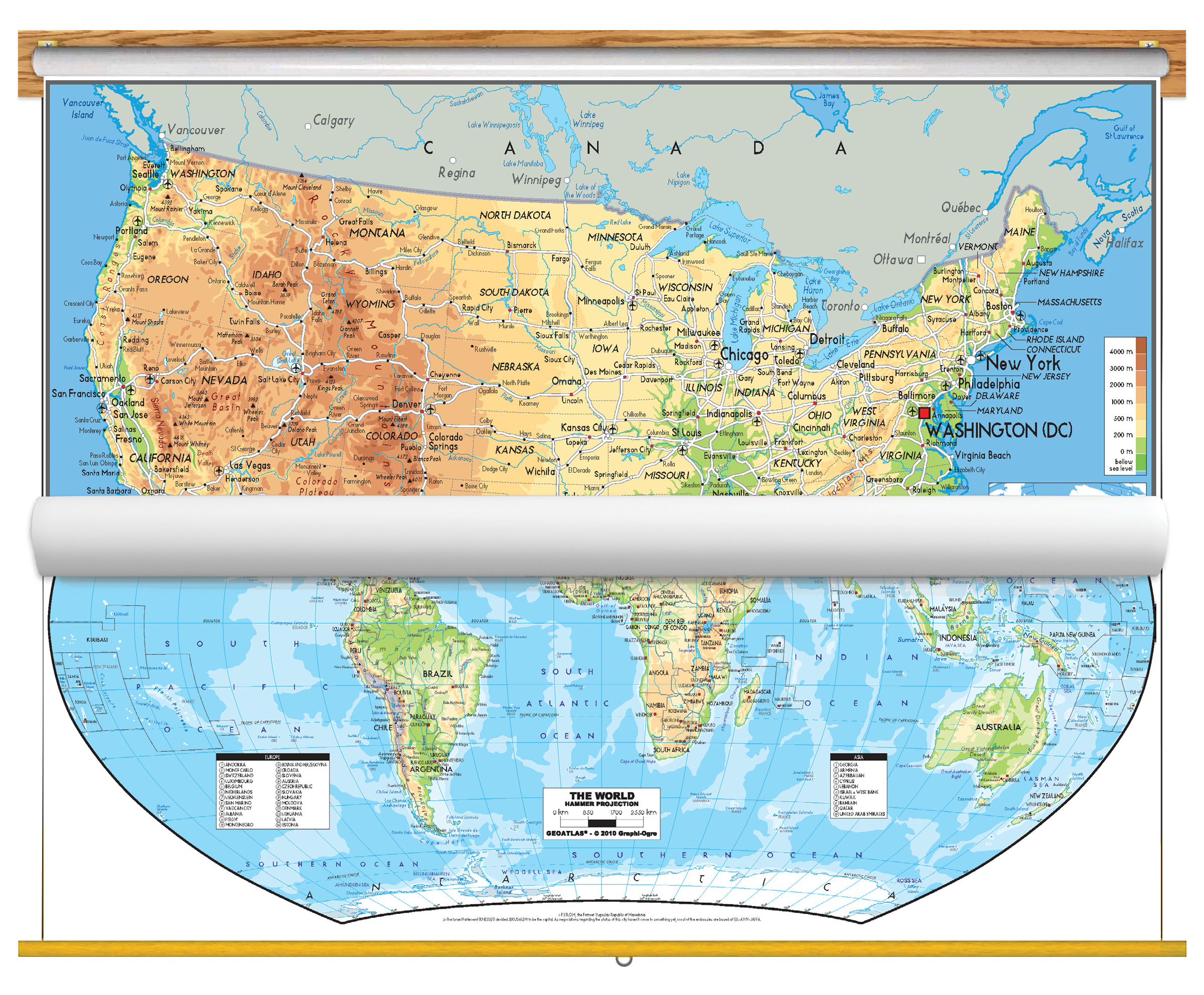 Physical USA and World Map Classroom Pull Down 2 Map Bundle
