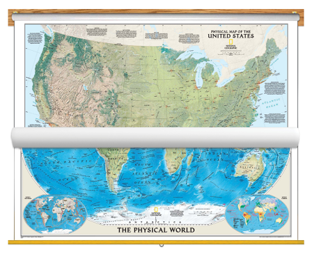 National Geographic Physical US and World Map Classroom Pull Down 2 Map Bundle