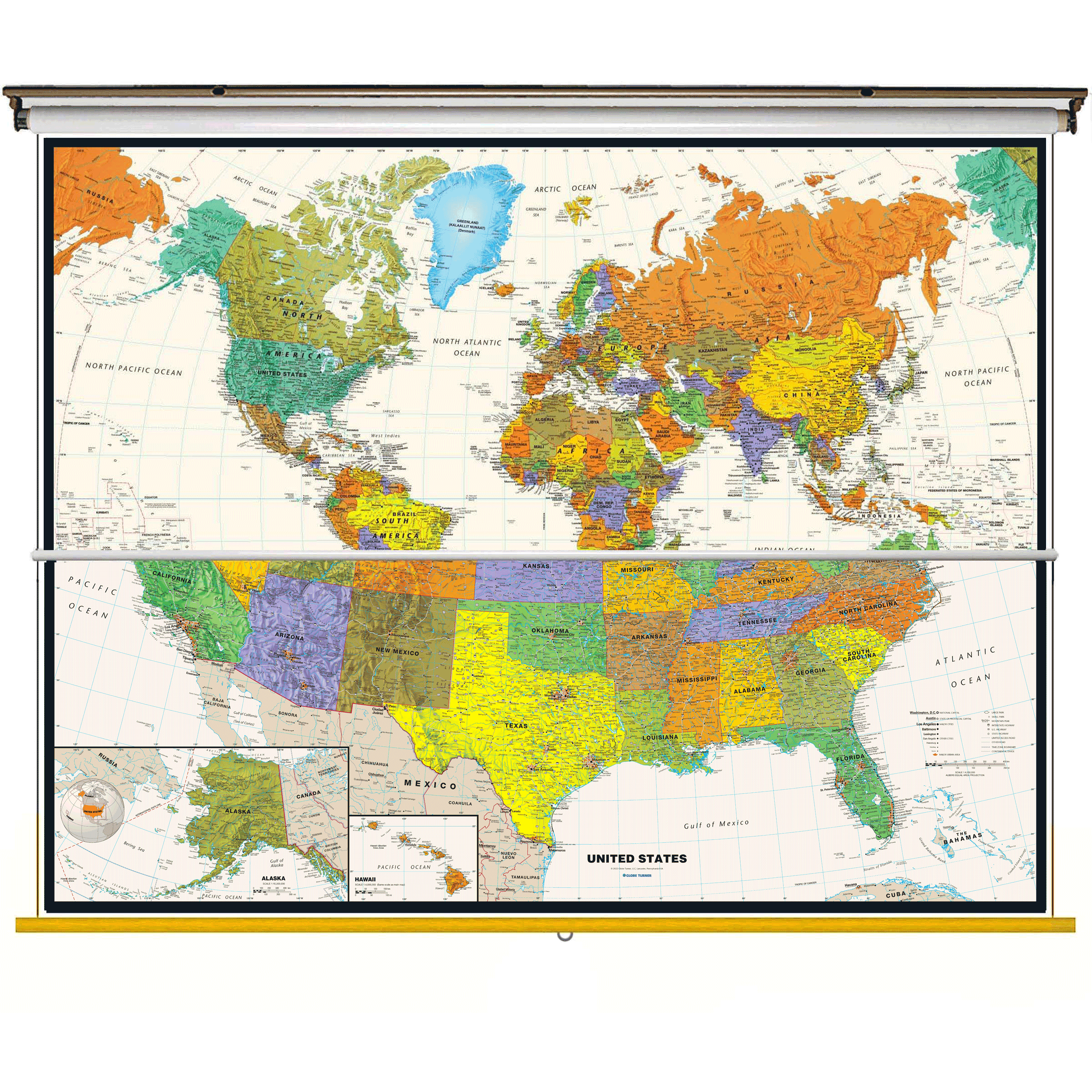 Turner Contemporary US/World Combo Classroom Pull Down Wall Map