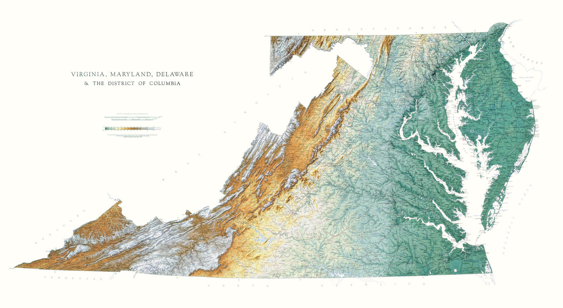 Delaware, Maryland, & Virginia Topographical Wall Map By Raven Maps, 34" X 64"