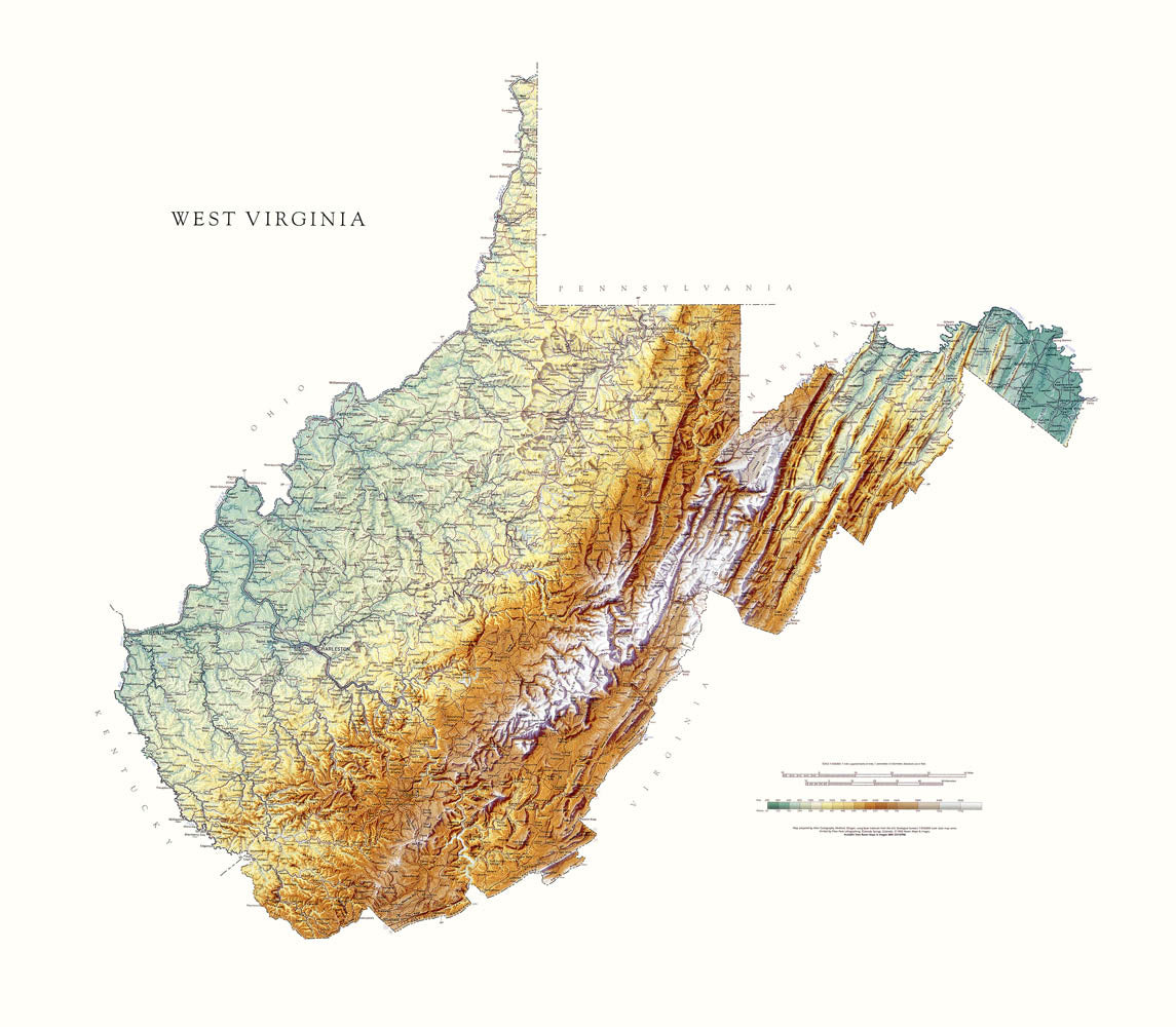 West Virginia Topographical Wall Map By Raven Maps, 36" X 40"