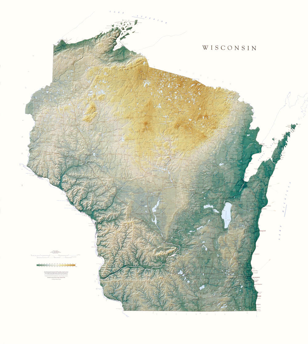 Wisconsin Topographical Wall Map By Raven Maps, 47" X 43"