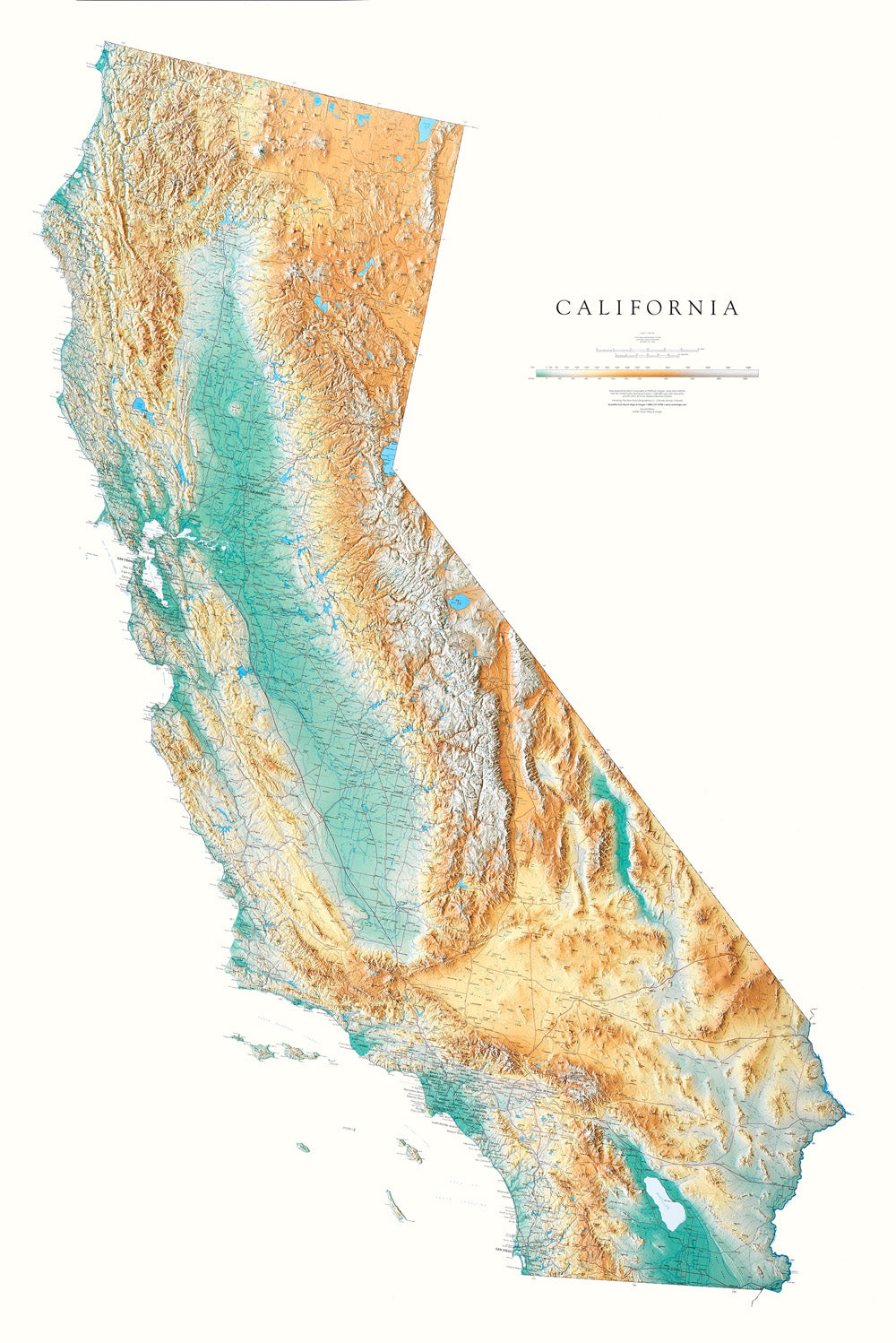 California Topographical Wall Map By Raven Maps, 49" X 34"