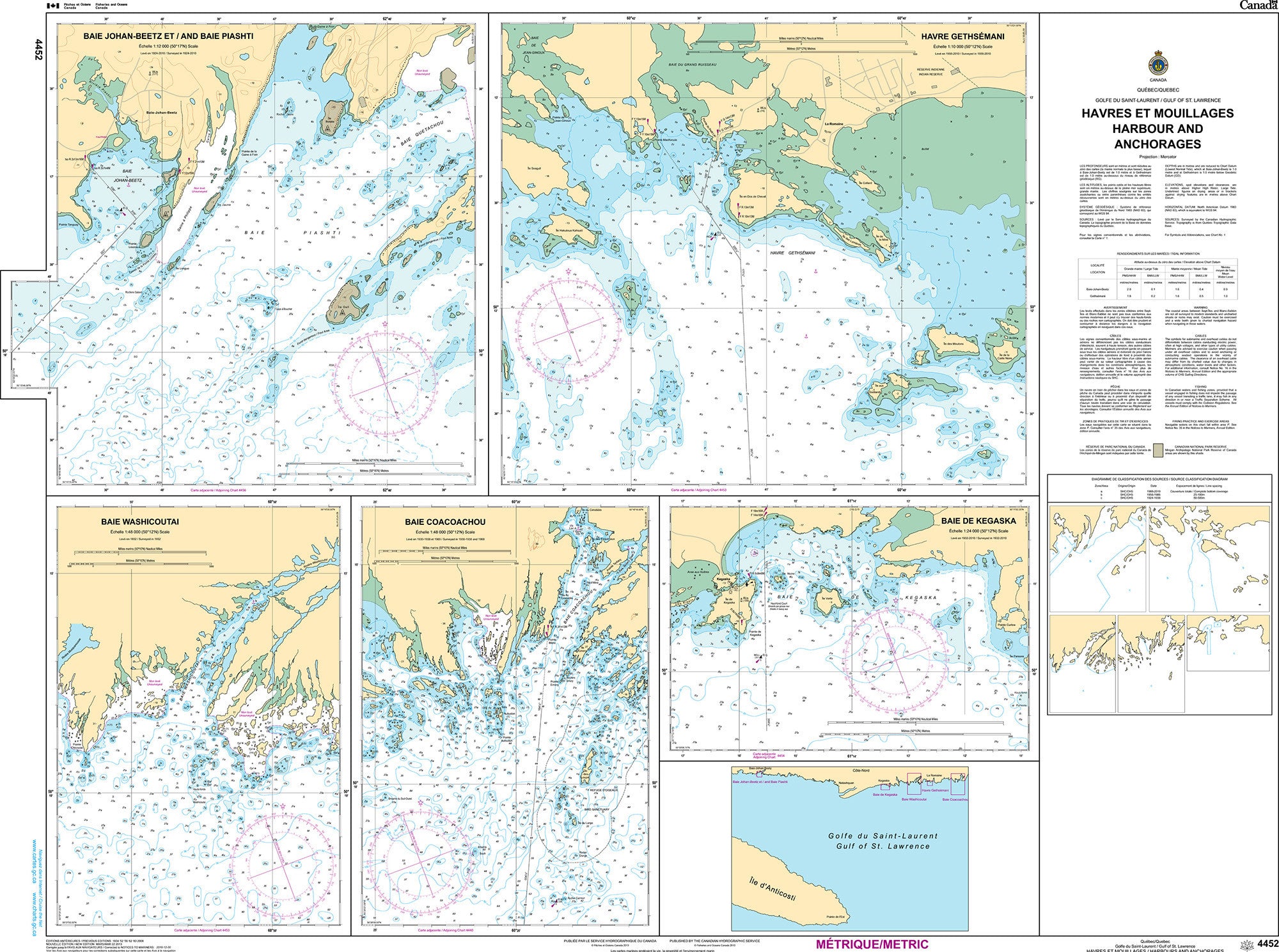 Canadian Hydrographic Service Nautical Chart CHS4452: Havres et Mouillages - Harbours and Anchorages - Côte-Nord/North Shore