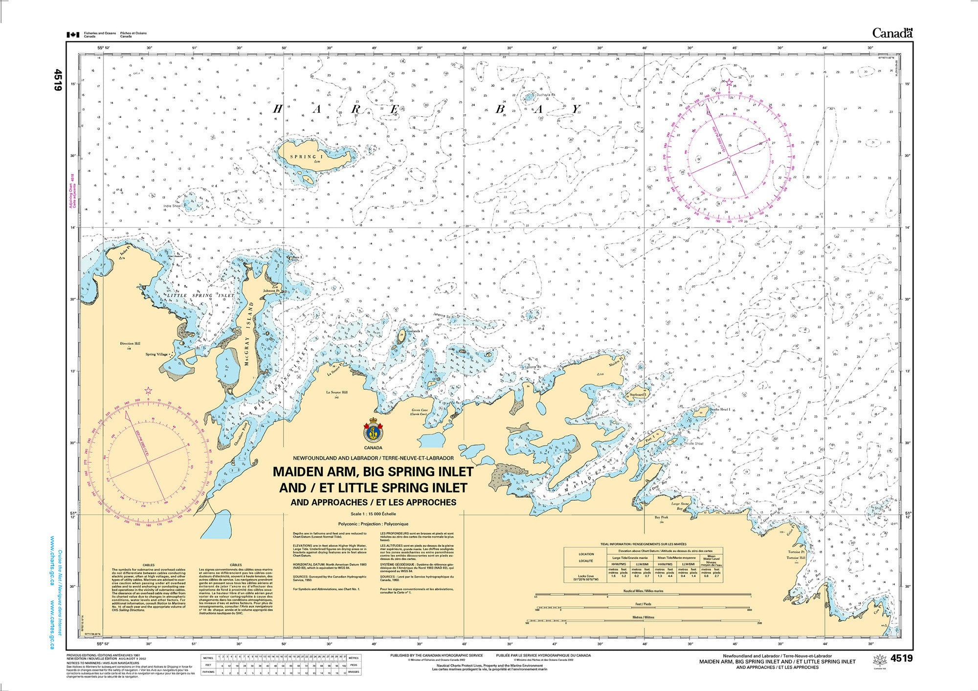 Canadian Hydrographic Service Nautical Chart CHS4519: Maiden Arm, Big Spring Inlet and/et Little Spring Inlet (and approaches/et les approches)