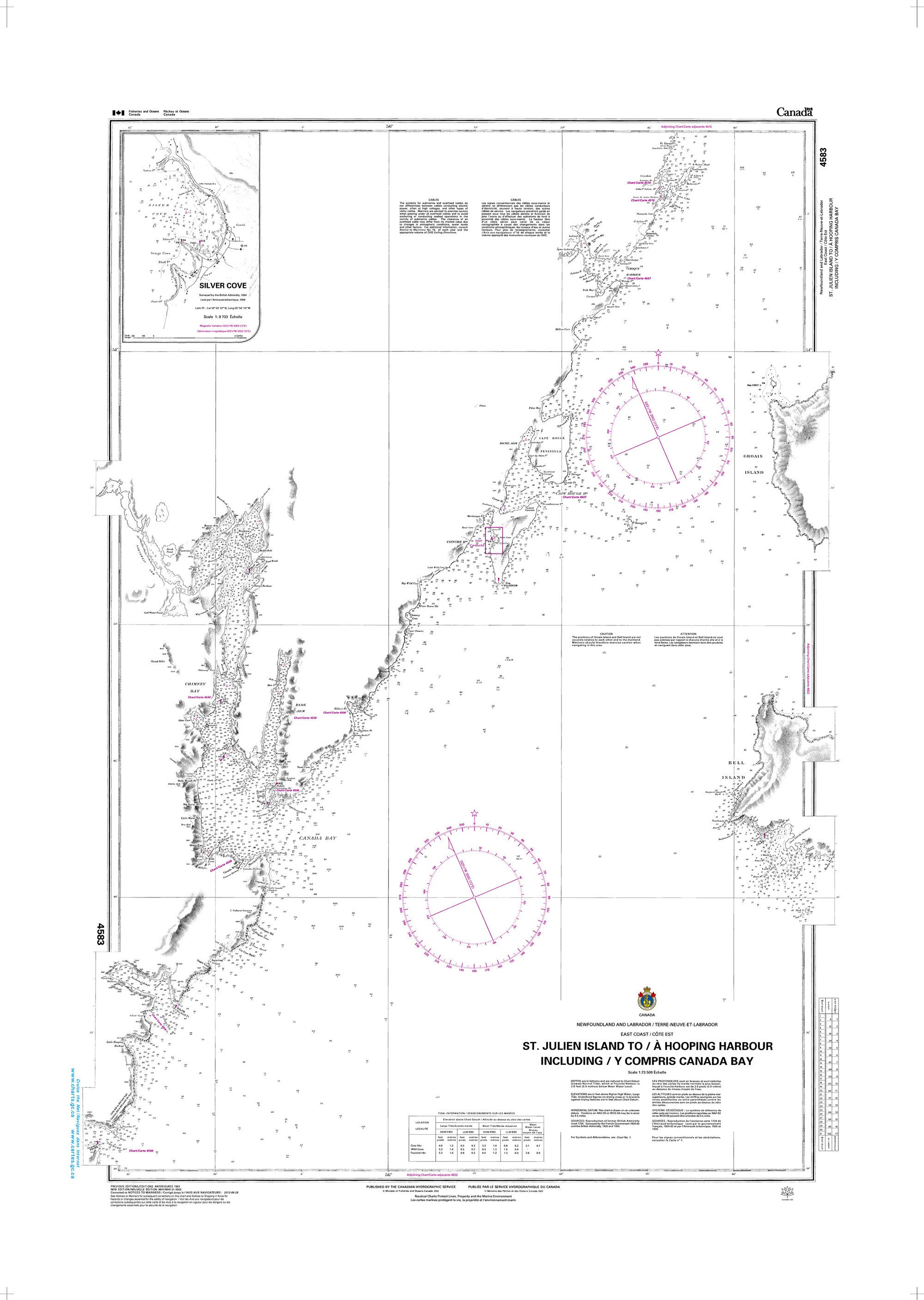 Canadian Hydrographic Service Nautical Chart CHS4583: St. Julien Island to/à Hooping Harbour including/y compris Canada Bay