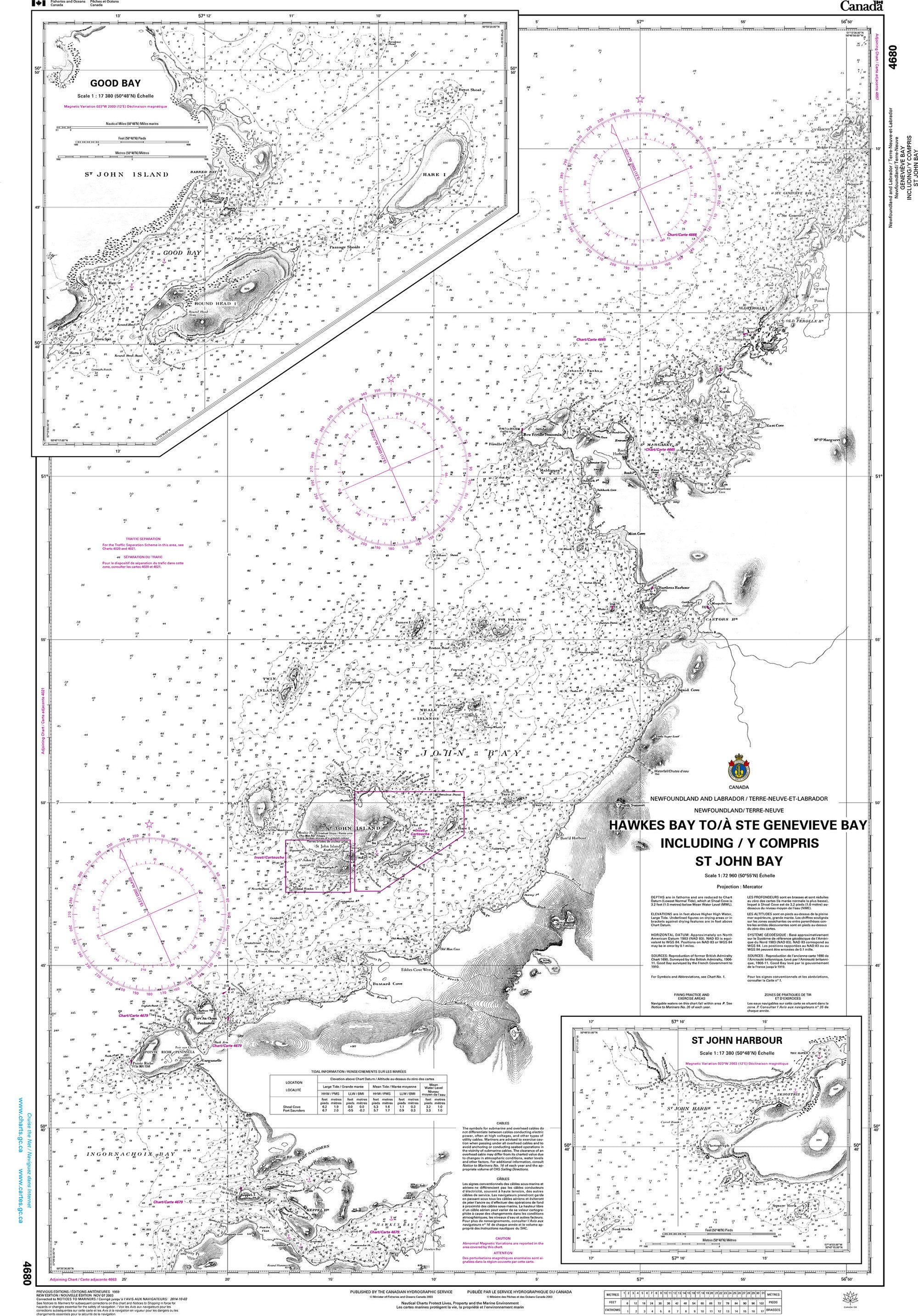 Canadian Hydrographic Service Nautical Chart CHS4680: Hawkes Bay to/à Ste Geneviève Bay including/y compris St. John Bay