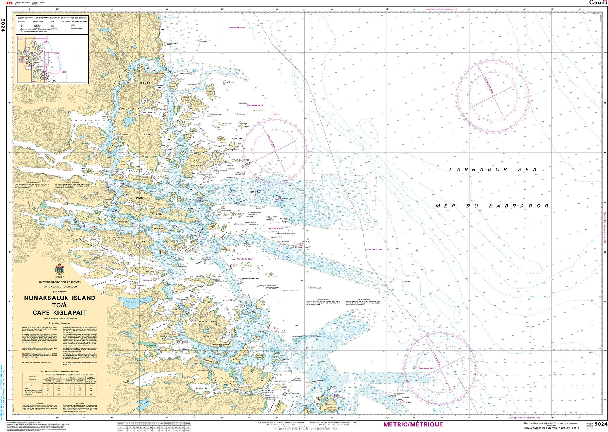 Canadian Hydrographic Service Nautical Chart CHS5024: Nunaksaluk Island to/à Cape Kiglapait
