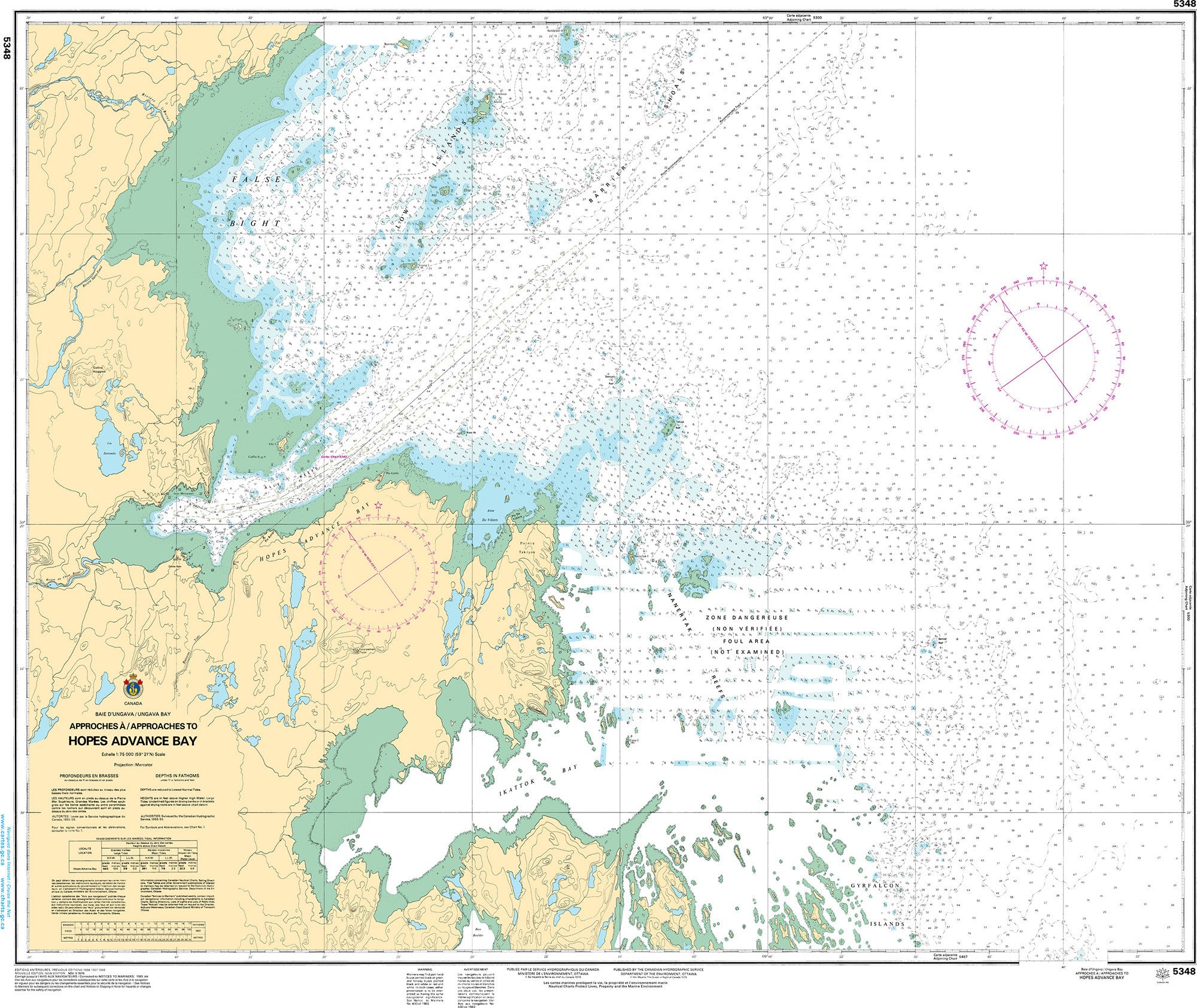 Canadian Hydrographic Service Nautical Chart CHS5348: Approches à/Approaches to Hopes Advance Bay