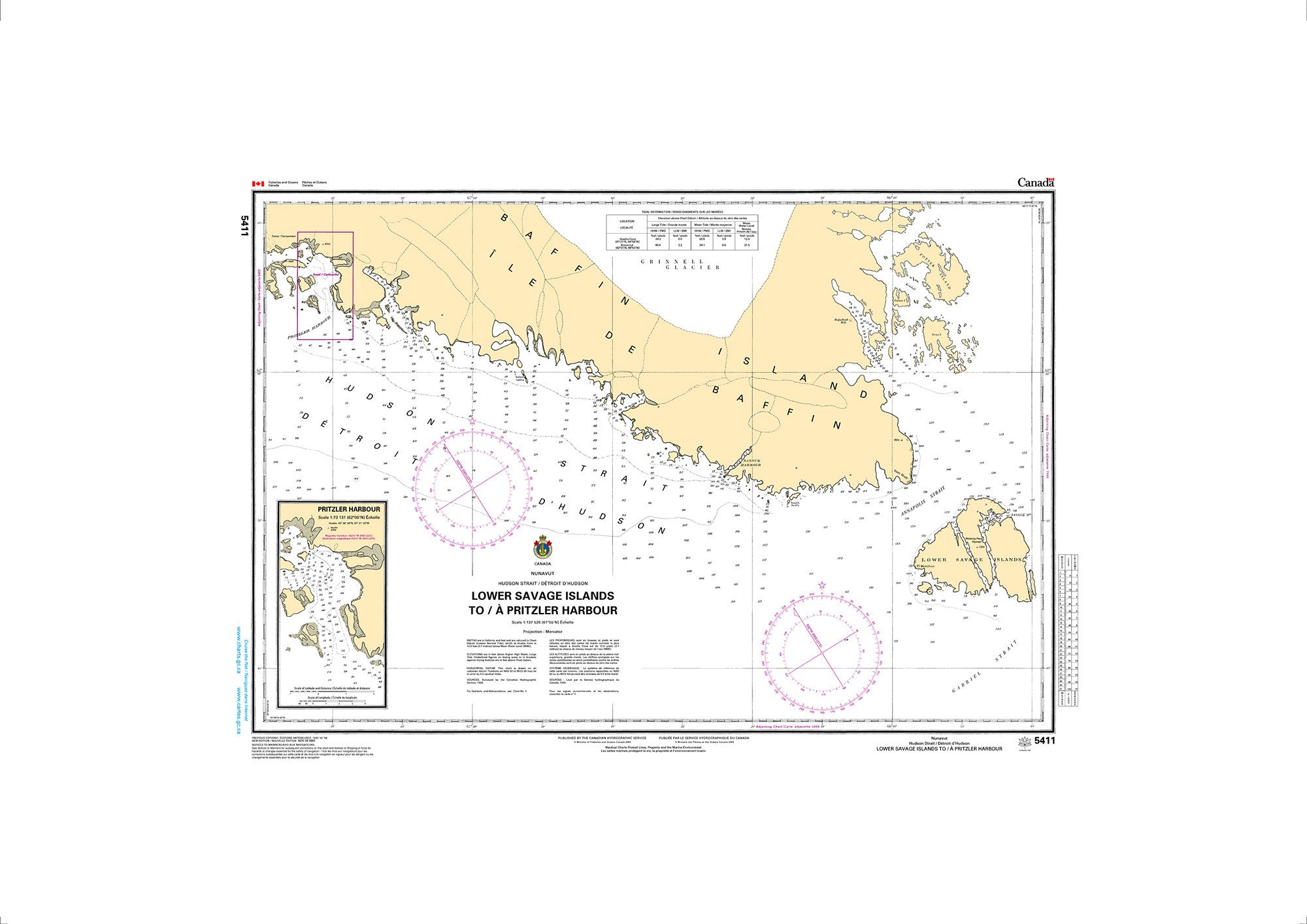 Canadian Hydrographic Service Nautical Chart CHS5411: Lower Savage Islands to/à Pritzler Harbour