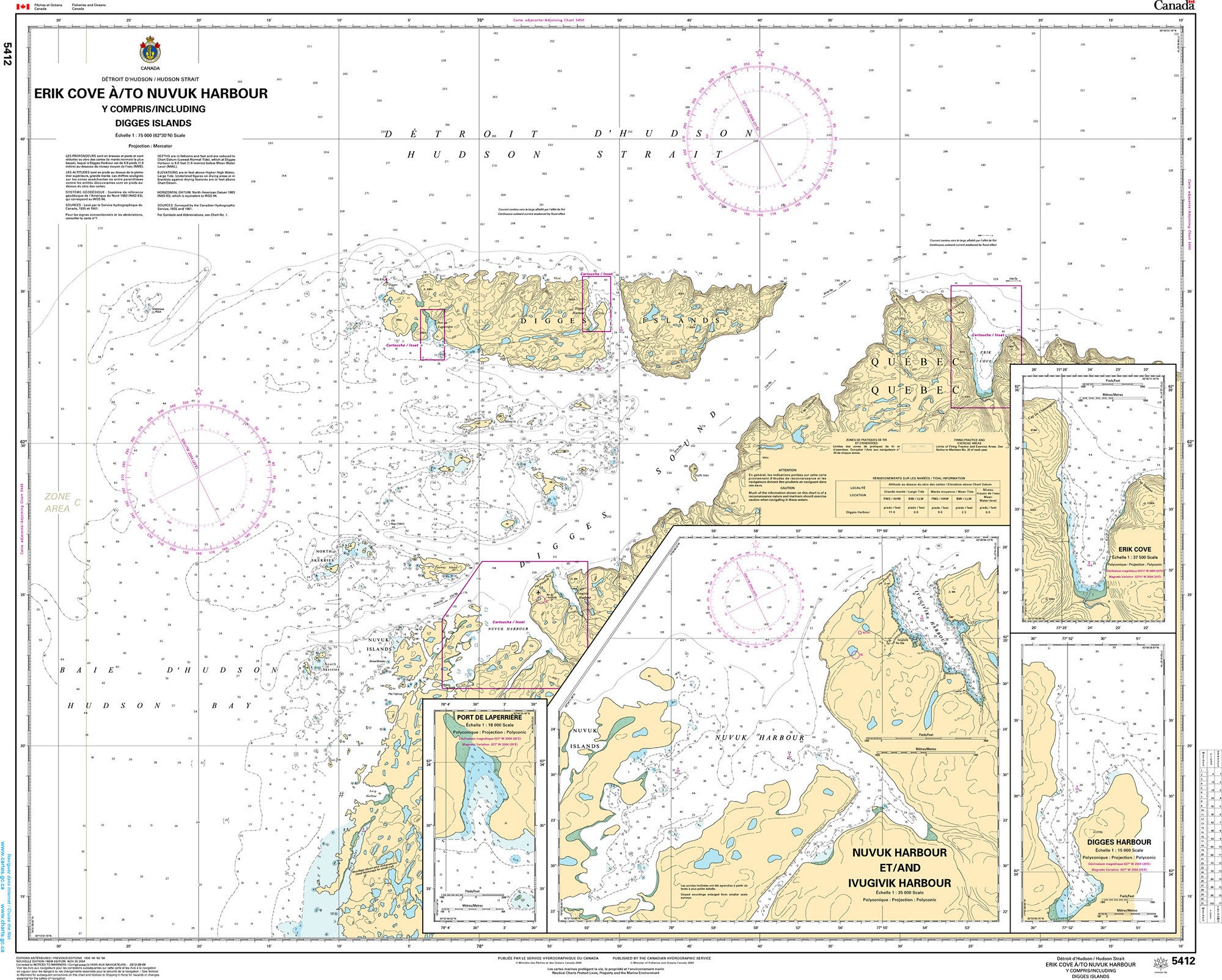 Canadian Hydrographic Service Nautical Chart CHS5412: Erik Cove to/à Nuvuk Harbour including/y compris Digges Islands