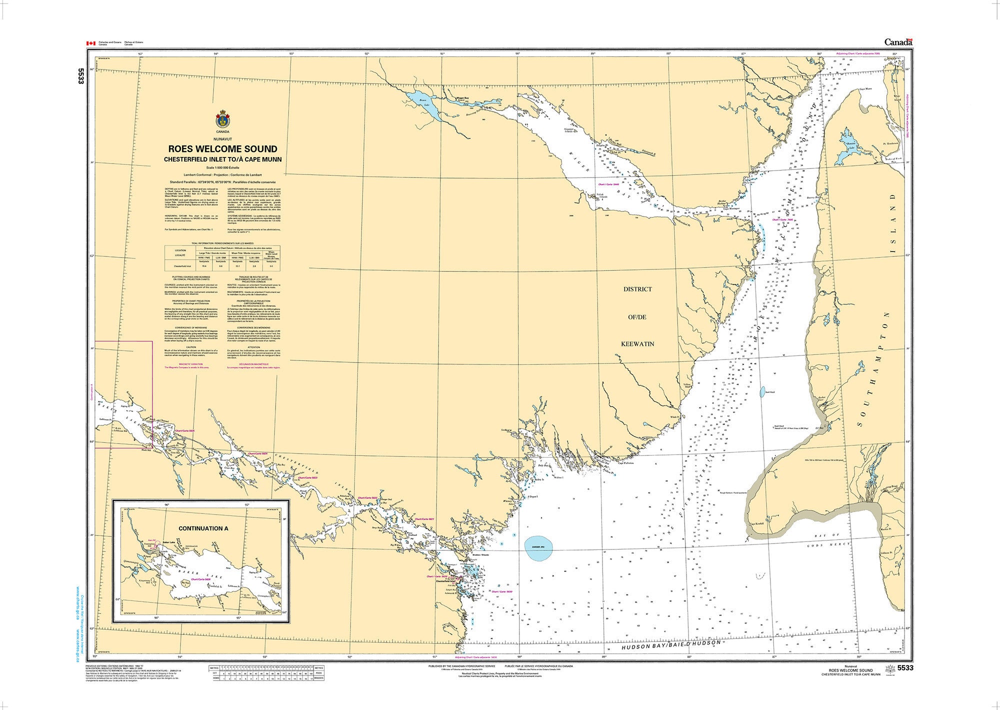 Canadian Hydrographic Service Nautical Chart CHS5533: Roes Welcome Sound (Chesterfield Inlet to/à Cape Munn)