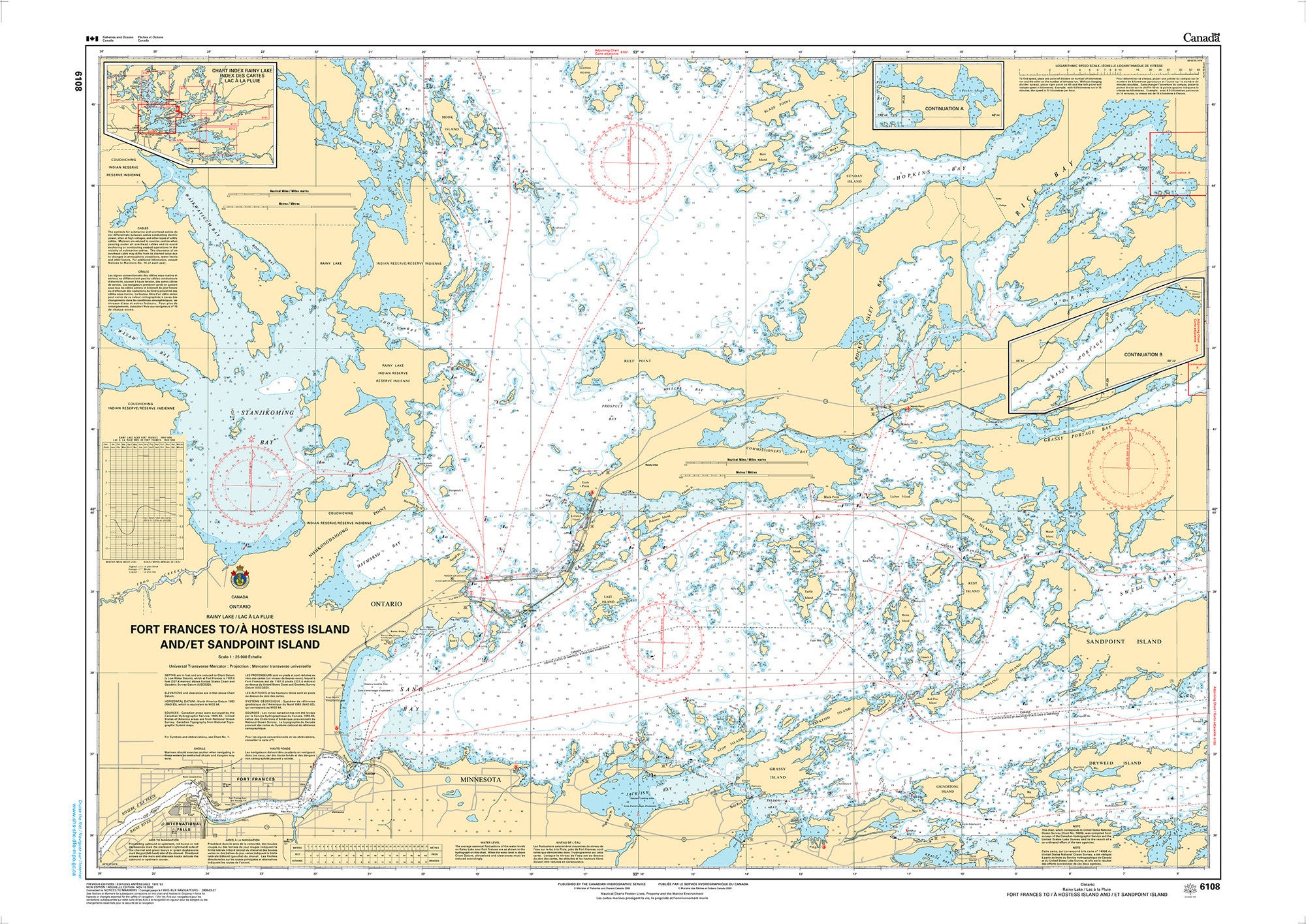 Canadian Hydrographic Service Nautical Chart CHS6108: Fort Frances to/à Hostess Island and/et Sandpoint Island