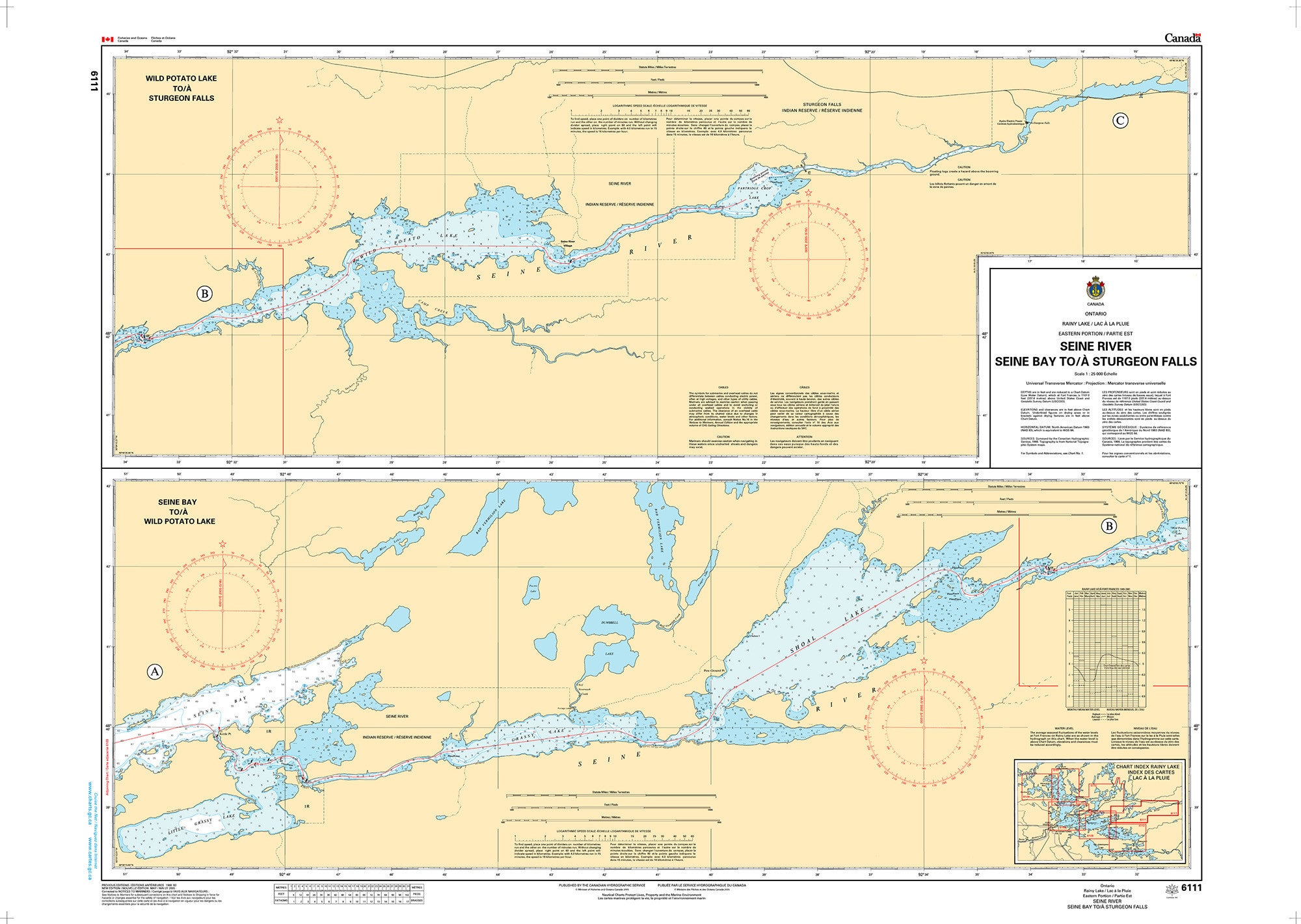 Canadian Hydrographic Service Nautical Chart CHS6111: Rainy Lake/Lac à la Pluie Eastern Portion/Partie Est Seine River Seine Bay to/à Sturgeon Falls