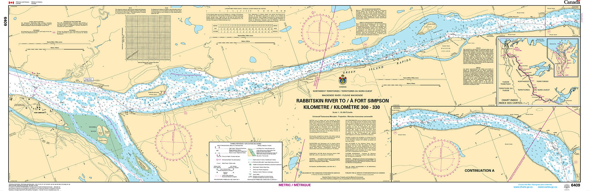 Canadian Hydrographic Service Nautical Chart CHS6409: Rabbitskin River to/à Fort Simpson Kilometre 300 / Kilomètre 330
