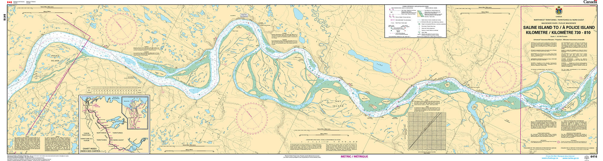 Canadian Hydrographic Service Nautical Chart CHS6416: Saline Island to/à Police Island Kilometre 730 / Kilometre 810