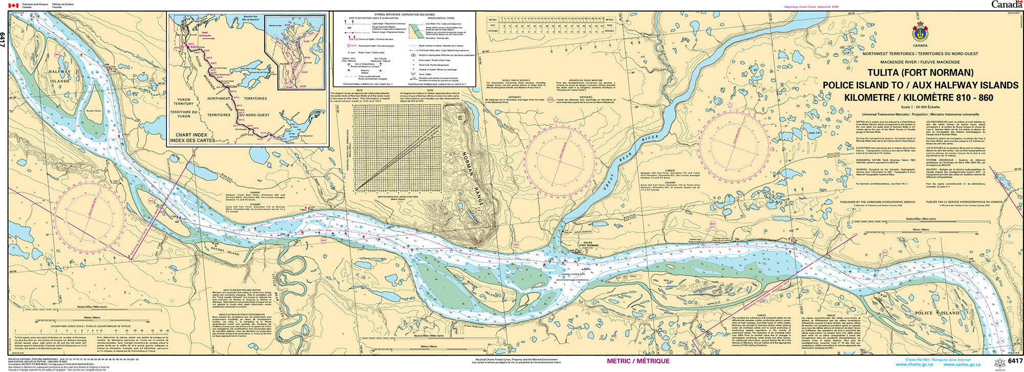 Canadian Hydrographic Service Nautical Chart CHS6417: Tulita (Fort Norman), Police Island to/aux Halfway Islands Kilometre 810 / kilometre 860