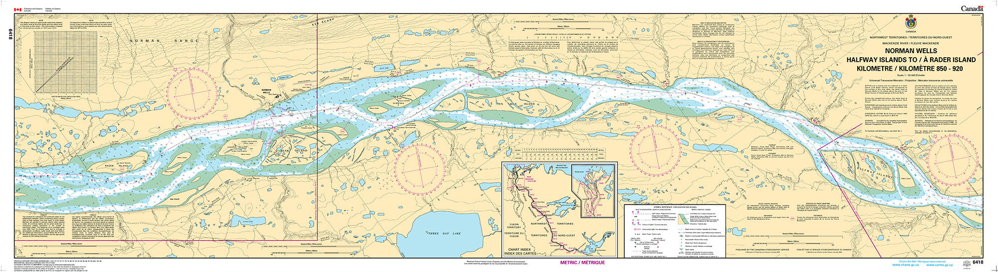 Canadian Hydrographic Service Nautical Chart CHS6418: Norman Wells, Halfway Islands to/à Rader Island Kilometre 850 / Kilomètre 920