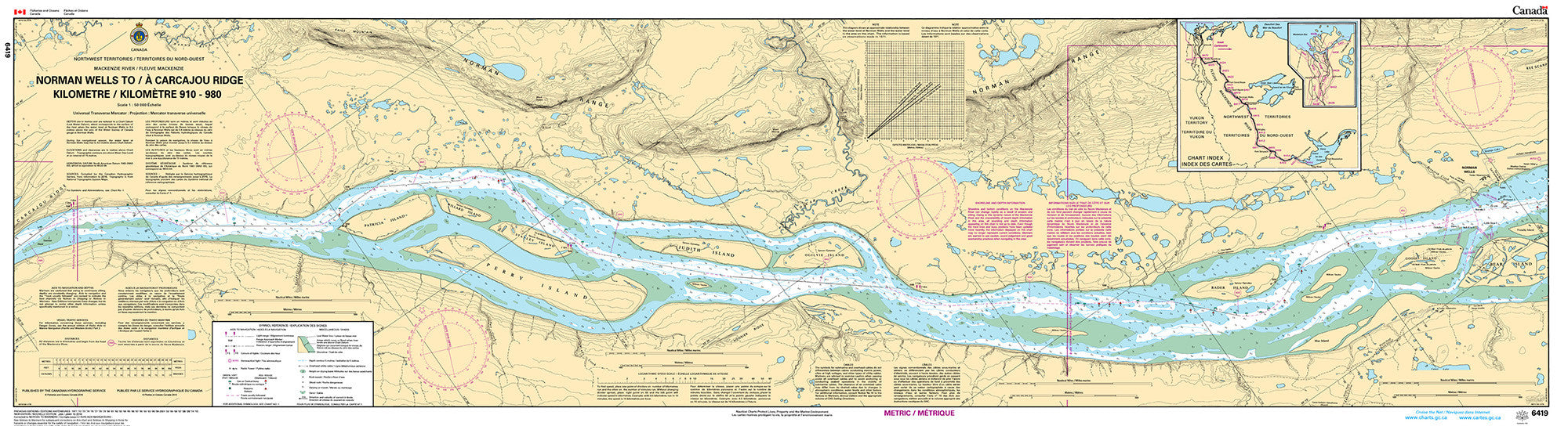 Canadian Hydrographic Service Nautical Chart CHS6419: Norman Wells to/à Carcajou Ridge Kilometre 910 / Kilomètre 980