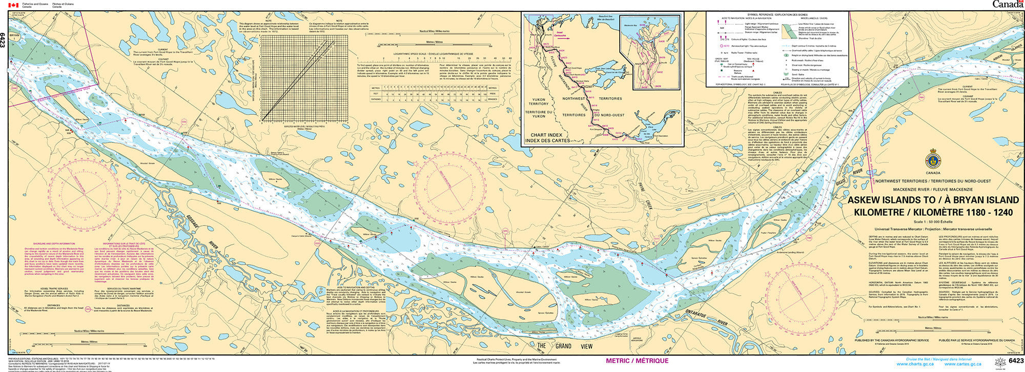 Canadian Hydrographic Service Nautical Chart CHS6423: Askew Islands to/à Bryan Island Kilometre 1180 / Kilometre 1240