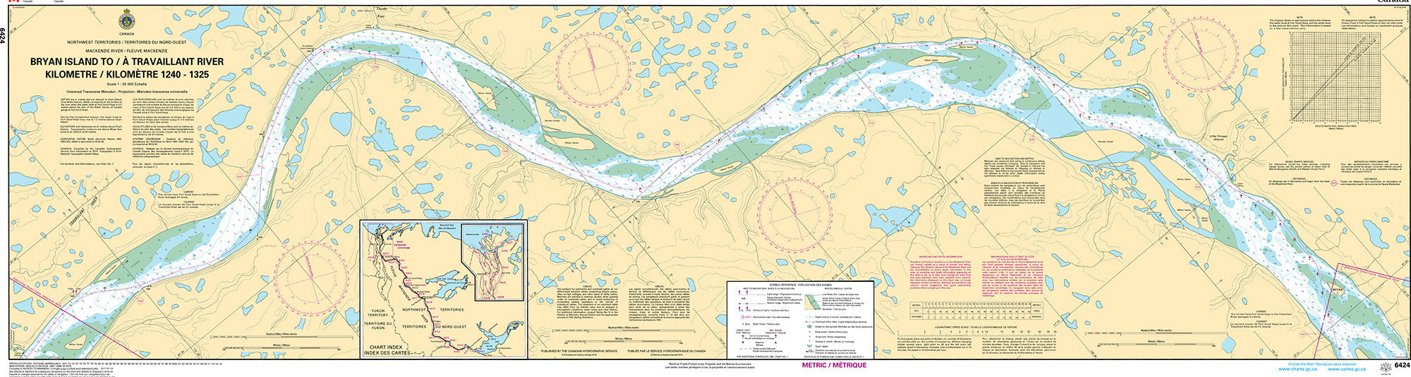 Canadian Hydrographic Service Nautical Chart CHS6424: Bryan Island to/à Travaillant River Kilometre 1240 / Kilomètre 1325