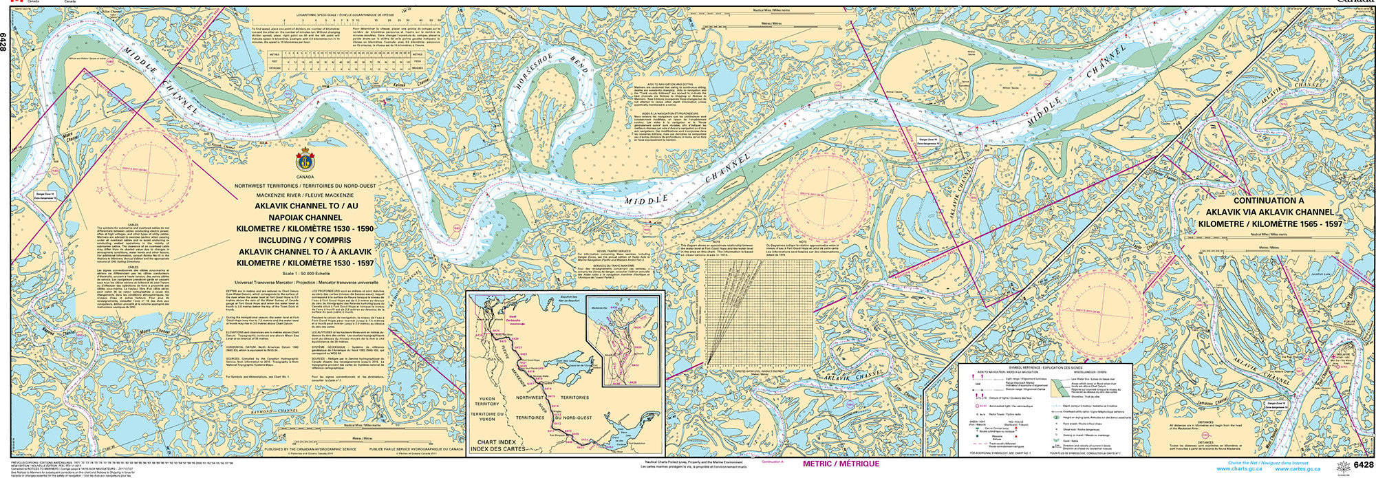 Canadian Hydrographic Service Nautical Chart CHS6428: Aklavik Channel to/au Napoiak Channel including/y compris Aklavik Channel to/à Aklavik Kilometre...