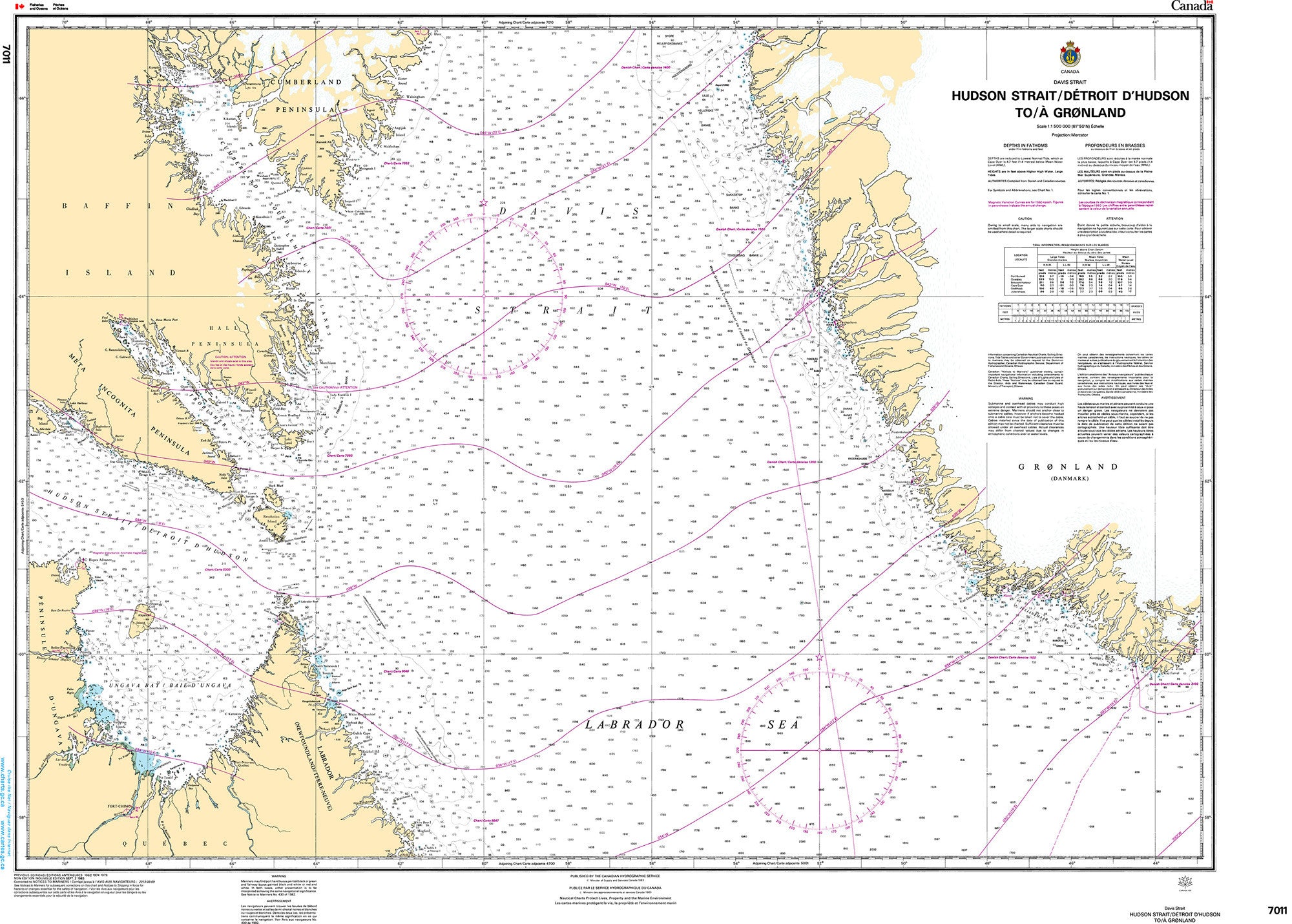 Canadian Hydrographic Service Nautical Chart CHS7011: Hudson Strait/Détroit D'Hudson to/à Groenland