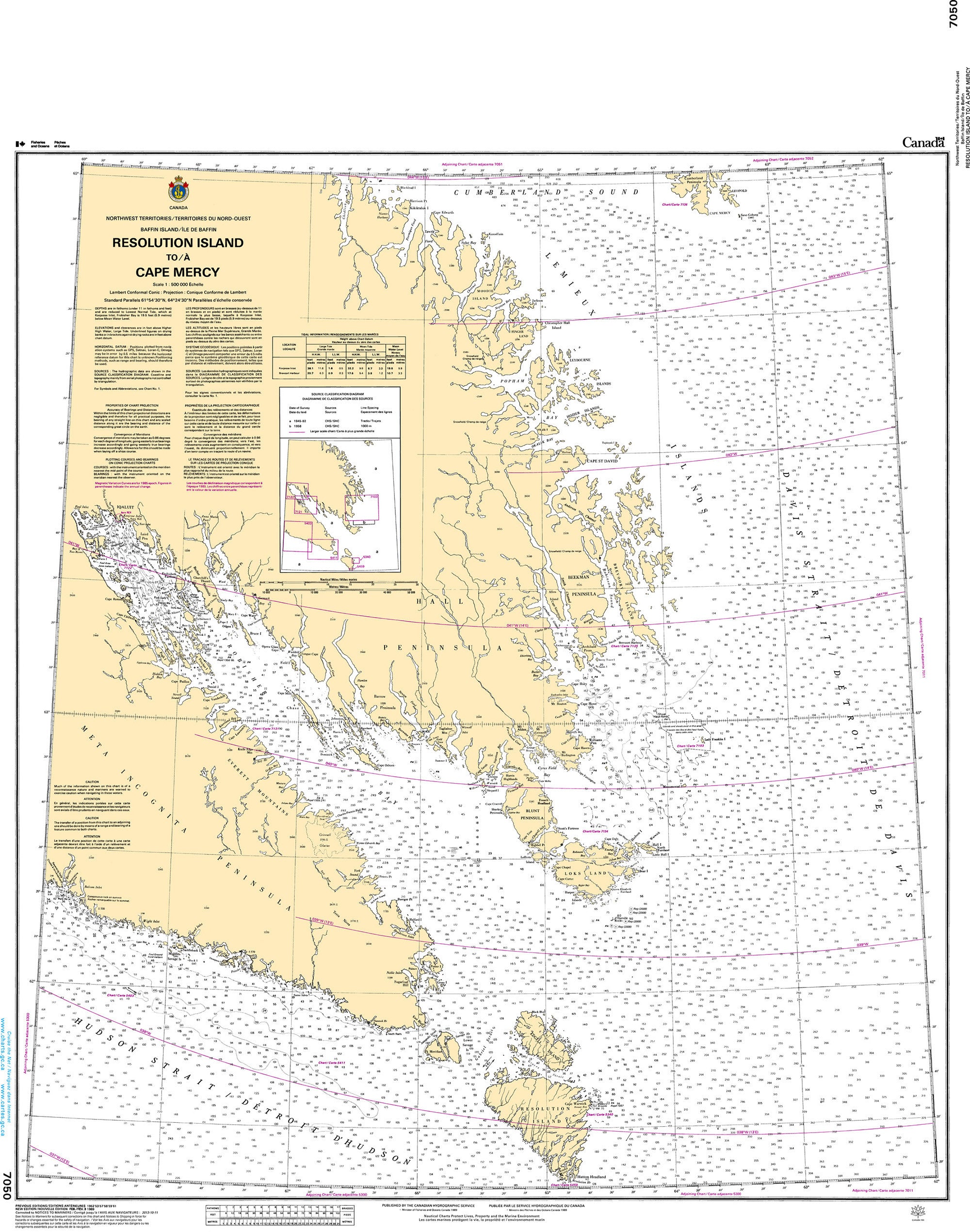 Canadian Hydrographic Service Nautical Chart CHS7050: Resolution Island to/à Cape Mercy