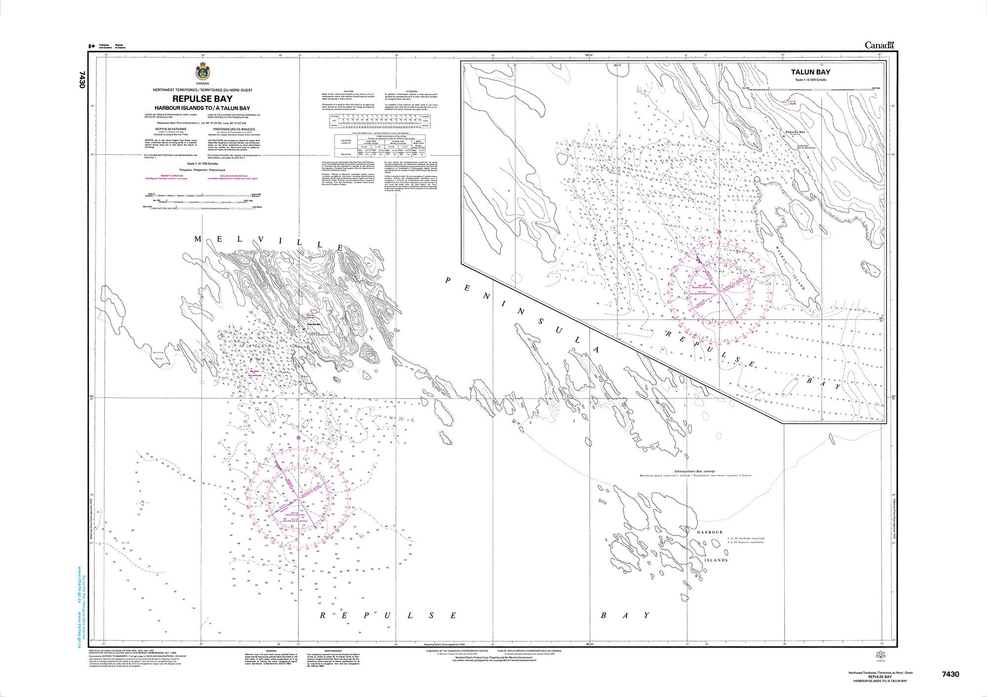 Canadian Hydrographic Service Nautical Chart CHS7430: Repulse Bay Harbours Islands to/à Talun Bay